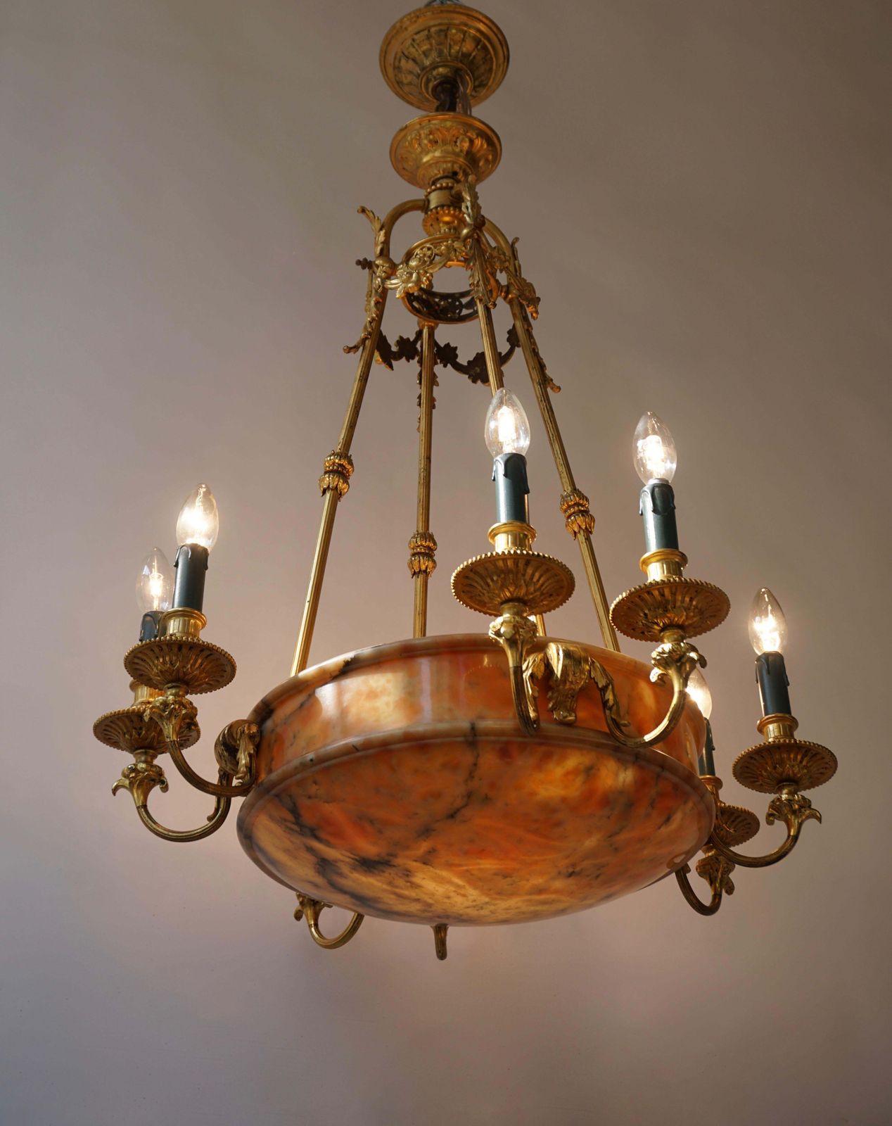Rare Early French 20th Century Art Deco Bronze And Alabaster Chandelier photo Lighting