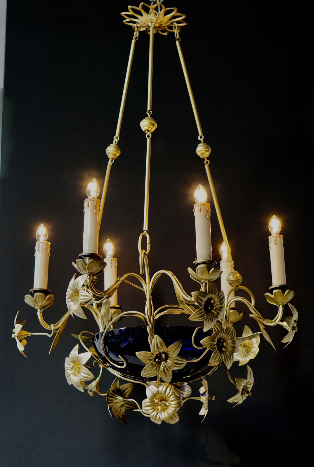 Italian Brass Chandelier With Lilies And Cranberry Glass photo for sale