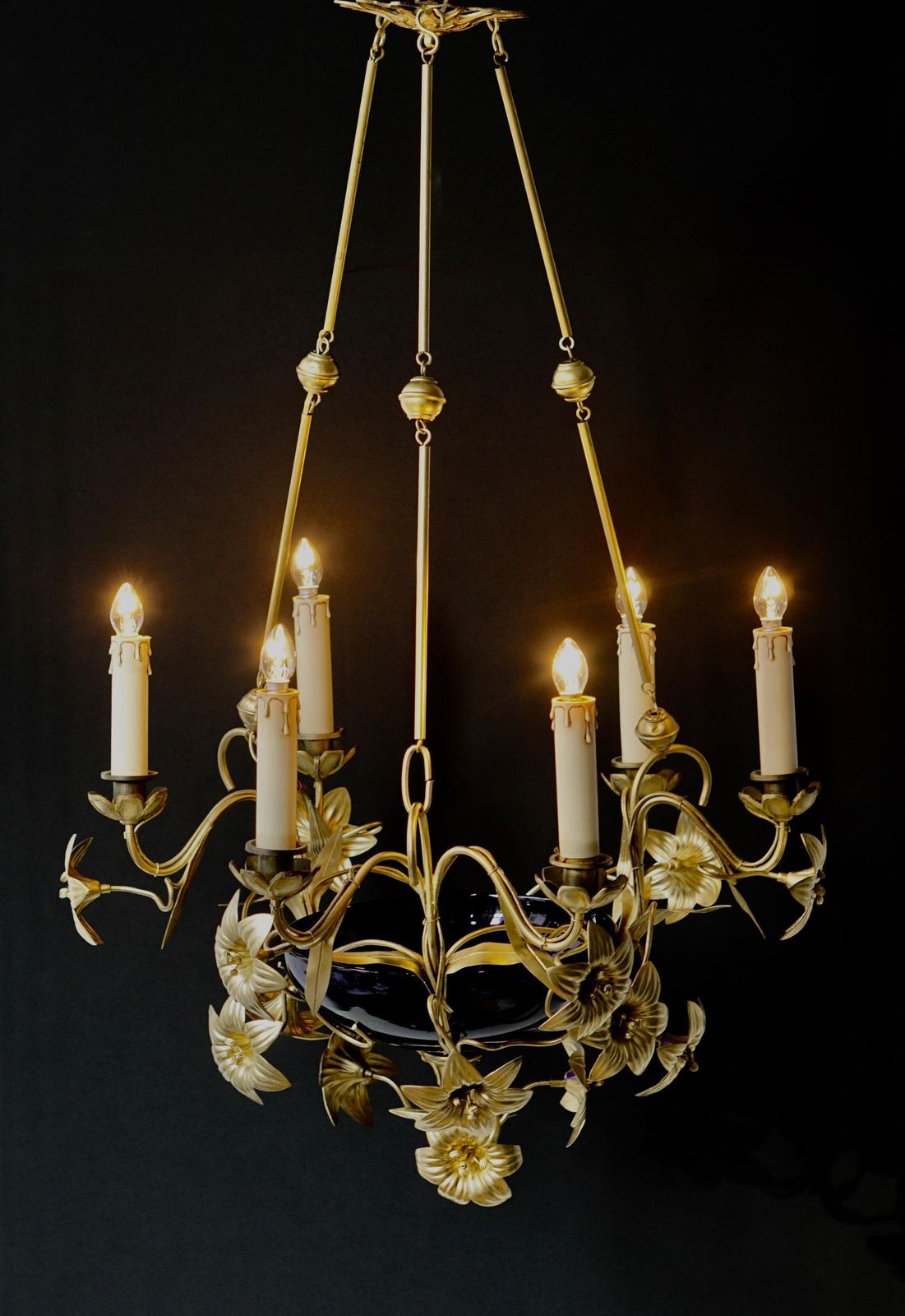 Italian Brass Chandelier With Lilies And Cranberry Glass photo 2125.0