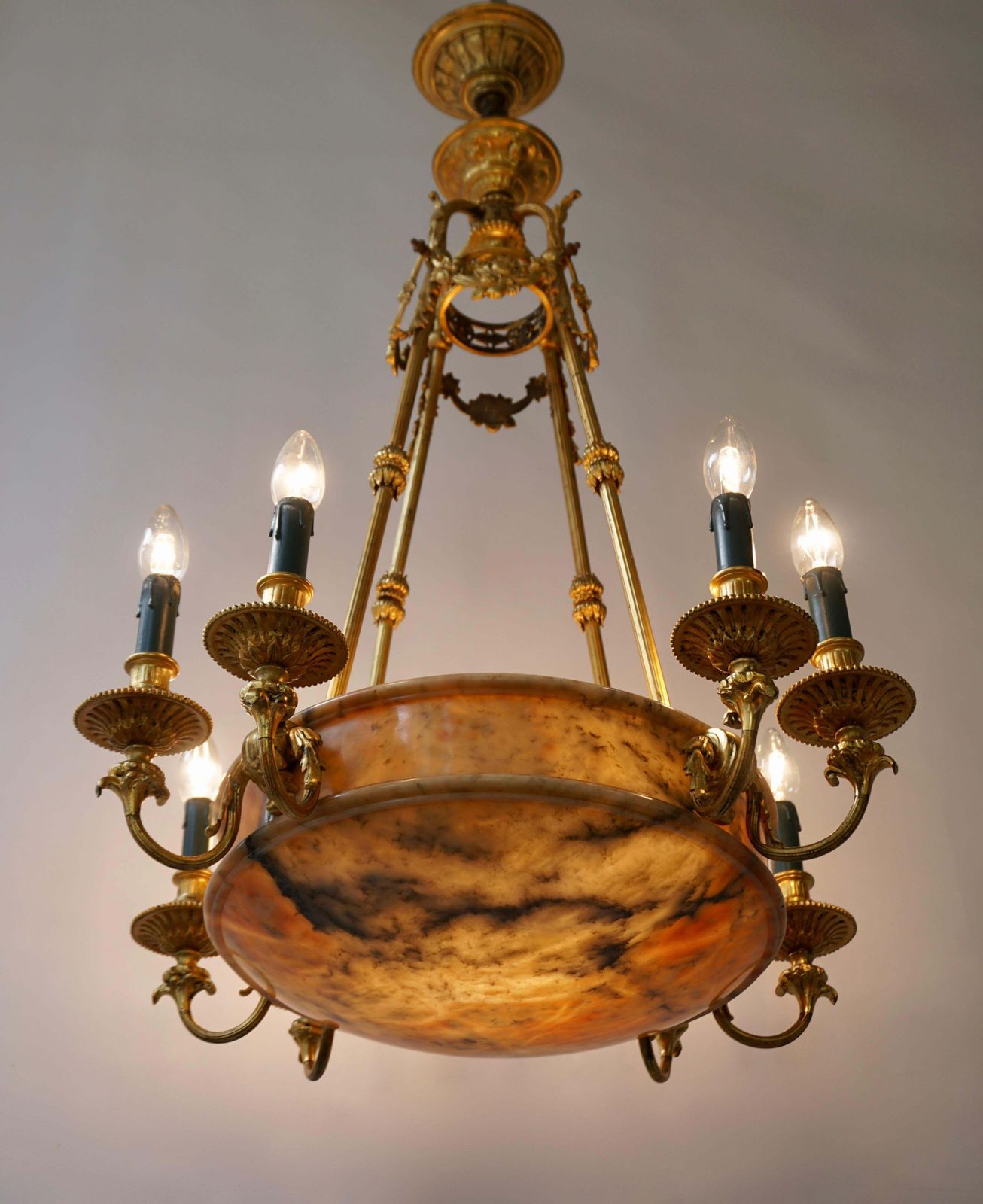 photo for sale Rare Early French 20th Century Art Deco Bronze And Alabaster Chandelier