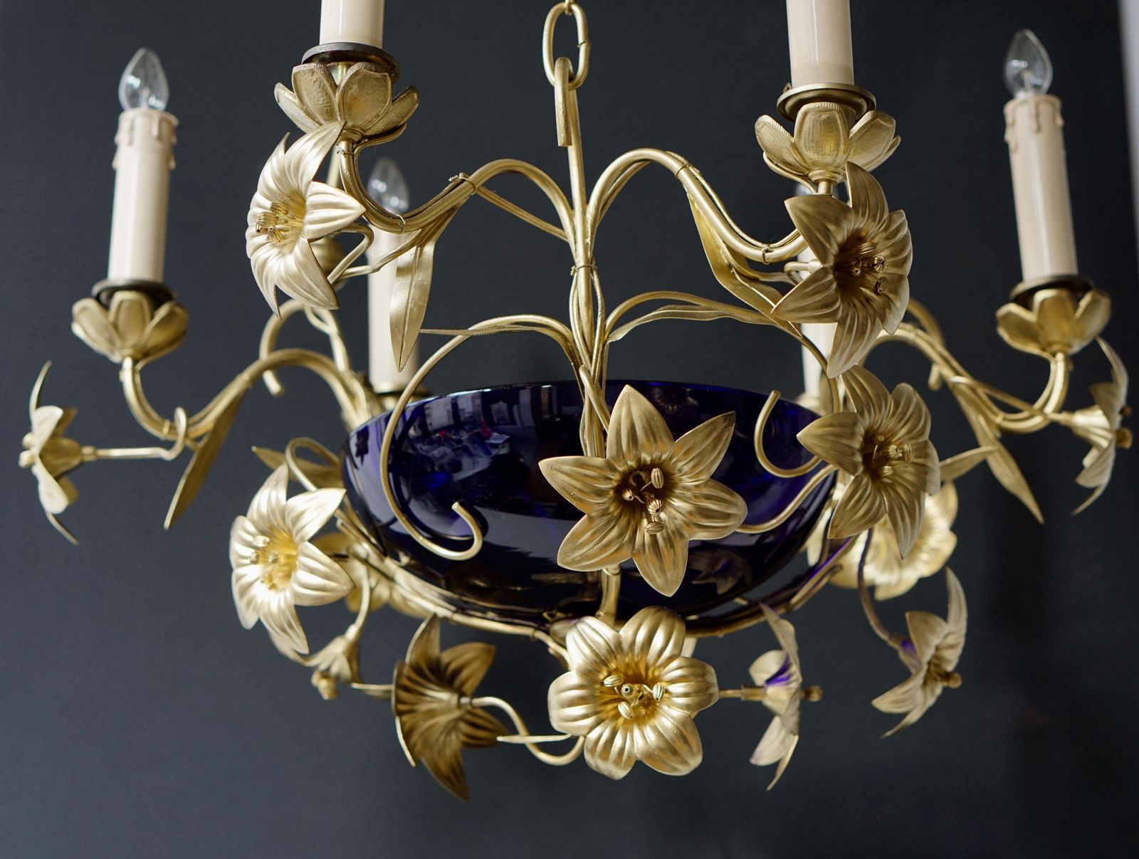 photo for sale Italian Brass Chandelier With Lilies And Cranberry Glass