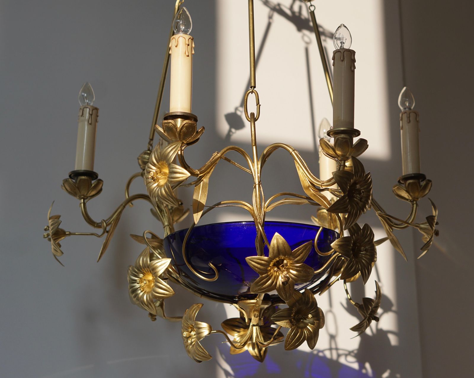 2125.0 Italian Brass Chandelier With Lilies And Cranberry Glass photo