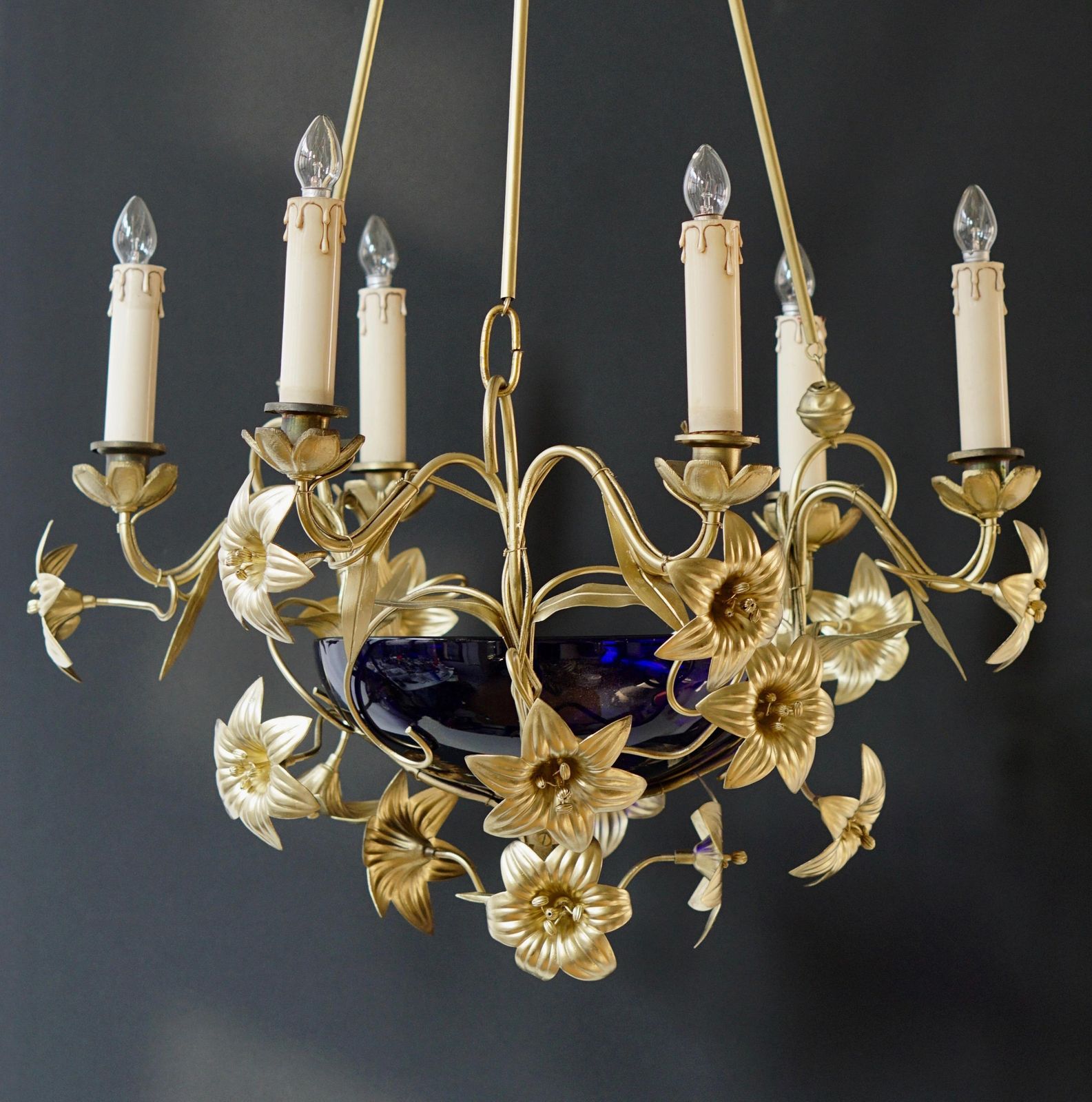 photo buy Italian Brass Chandelier With Lilies And Cranberry Glass