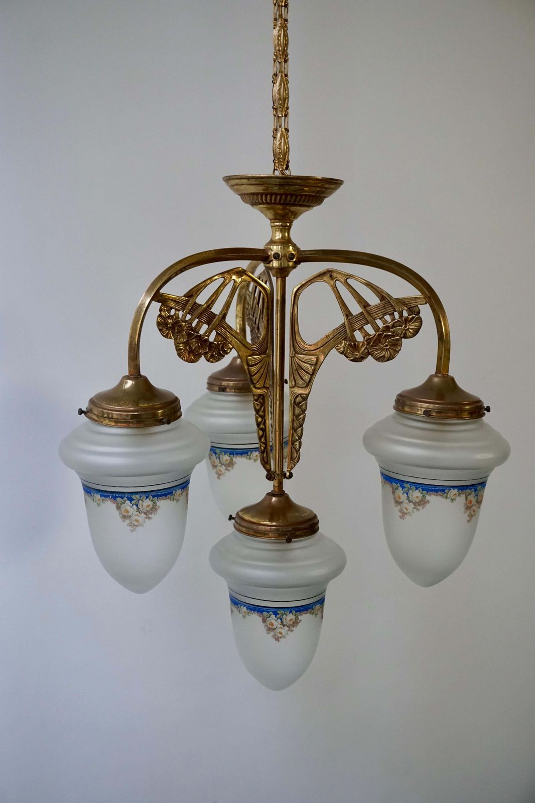 photo furniture Art Nouveau Chandelier In Painted Glass And Brass