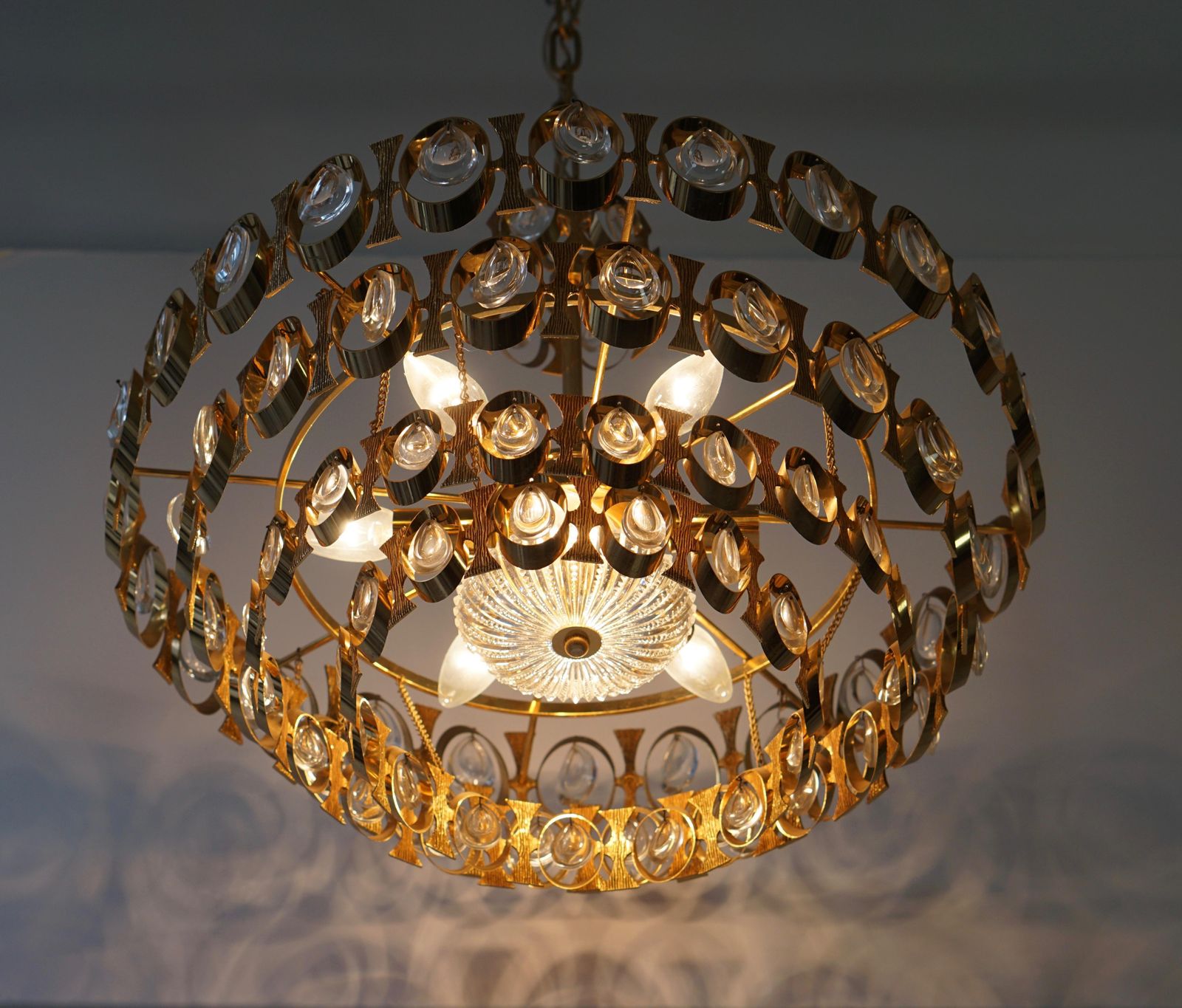 photo for sale 1960s Palwa Six Light Crystal Glass And Gilt Brass Chandelier By Palwa