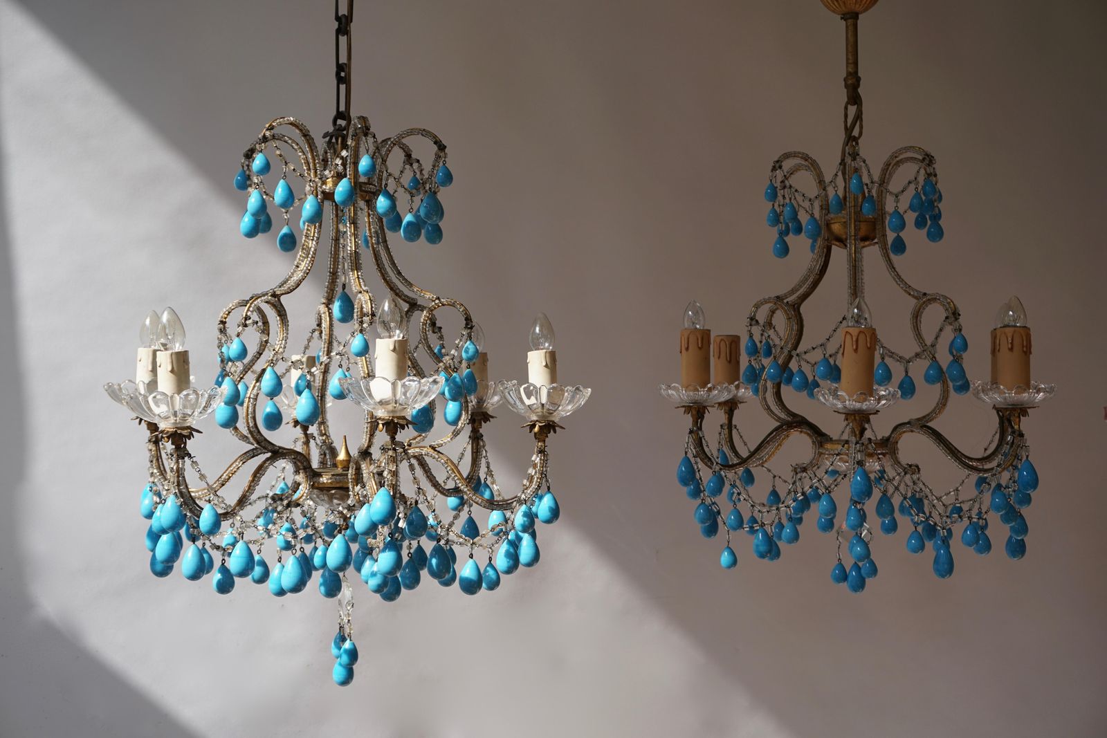 Pair Of Elegant Italian Chandeliers With Turquoise Stone photo Lighting