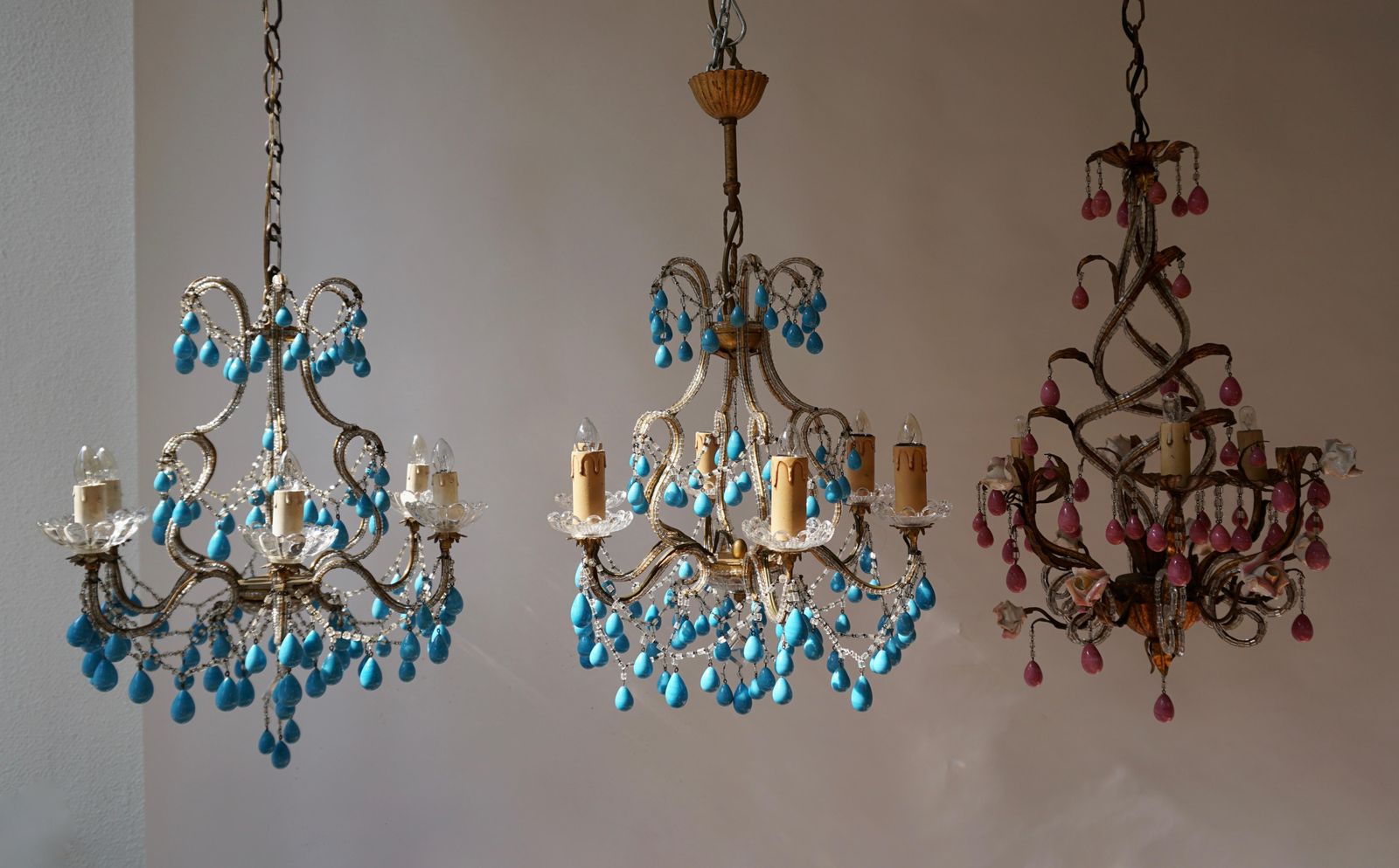 Pair Of Elegant Italian Chandeliers With Turquoise Stone photo vinterior