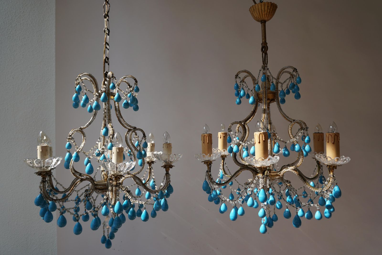 Pair Of Elegant Italian Chandeliers With Turquoise Stone photo vintage