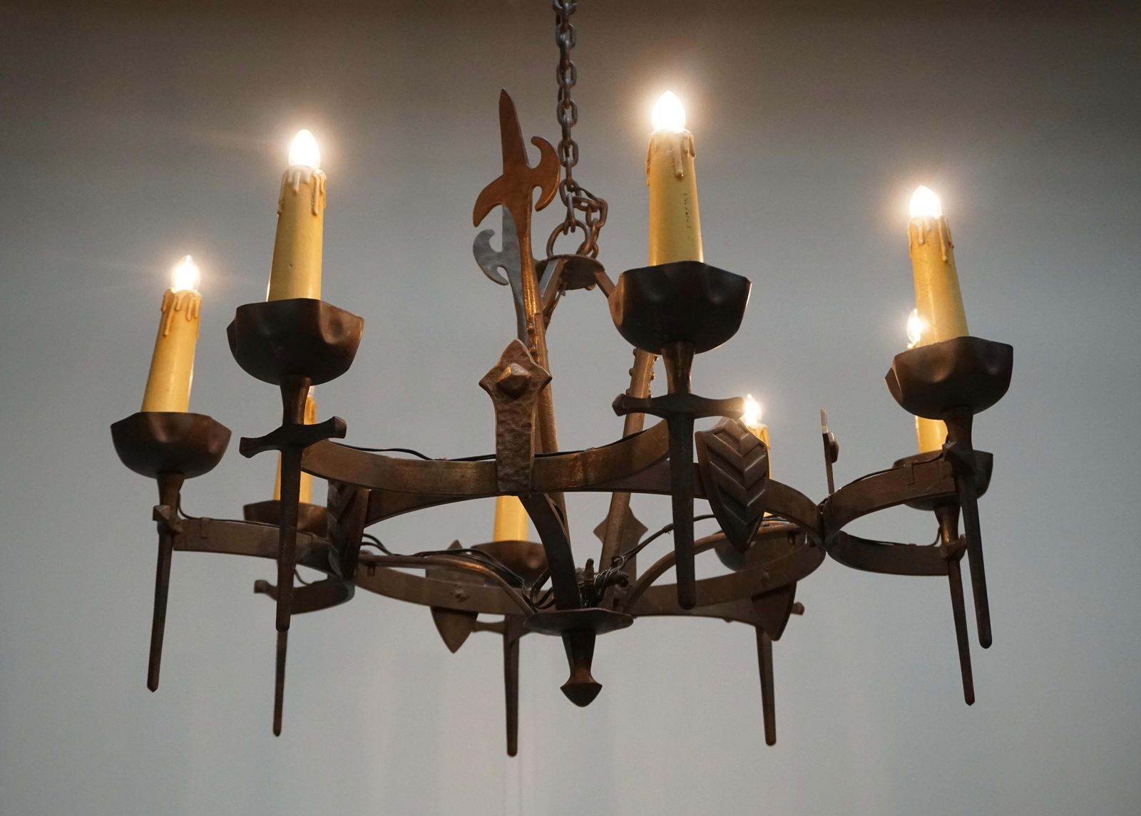 French Wrought Iron Gothic Hollywood Regency Tole Chandelier photo vintage