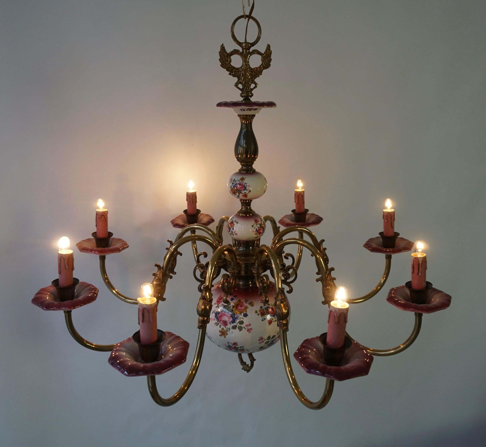 Glorious Large Delft Chandelier In Brass And Porcelain Flowers photo Lighting