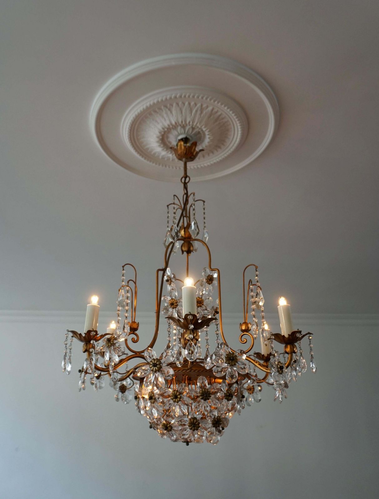 Italian Brass Gilt Chandelier With Glass Flowers photo furniture
