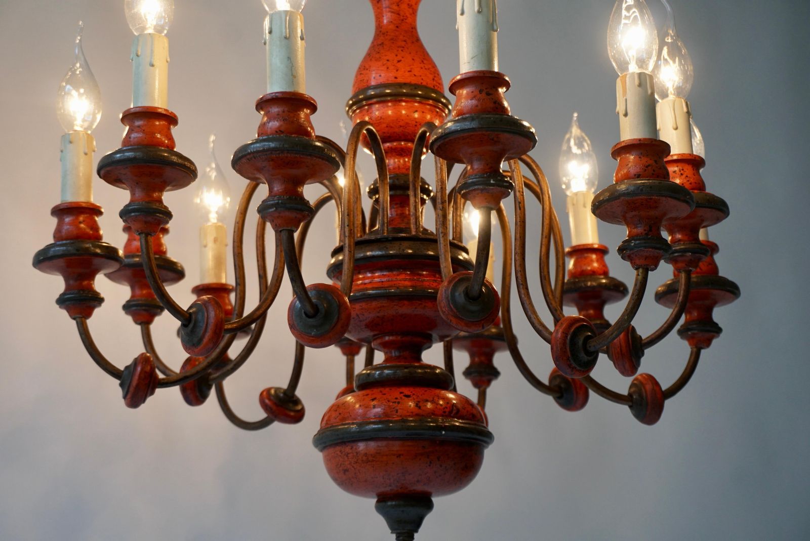 Lighting Mid Century Red Lacquered Wood 12 Lights Chandelier photo