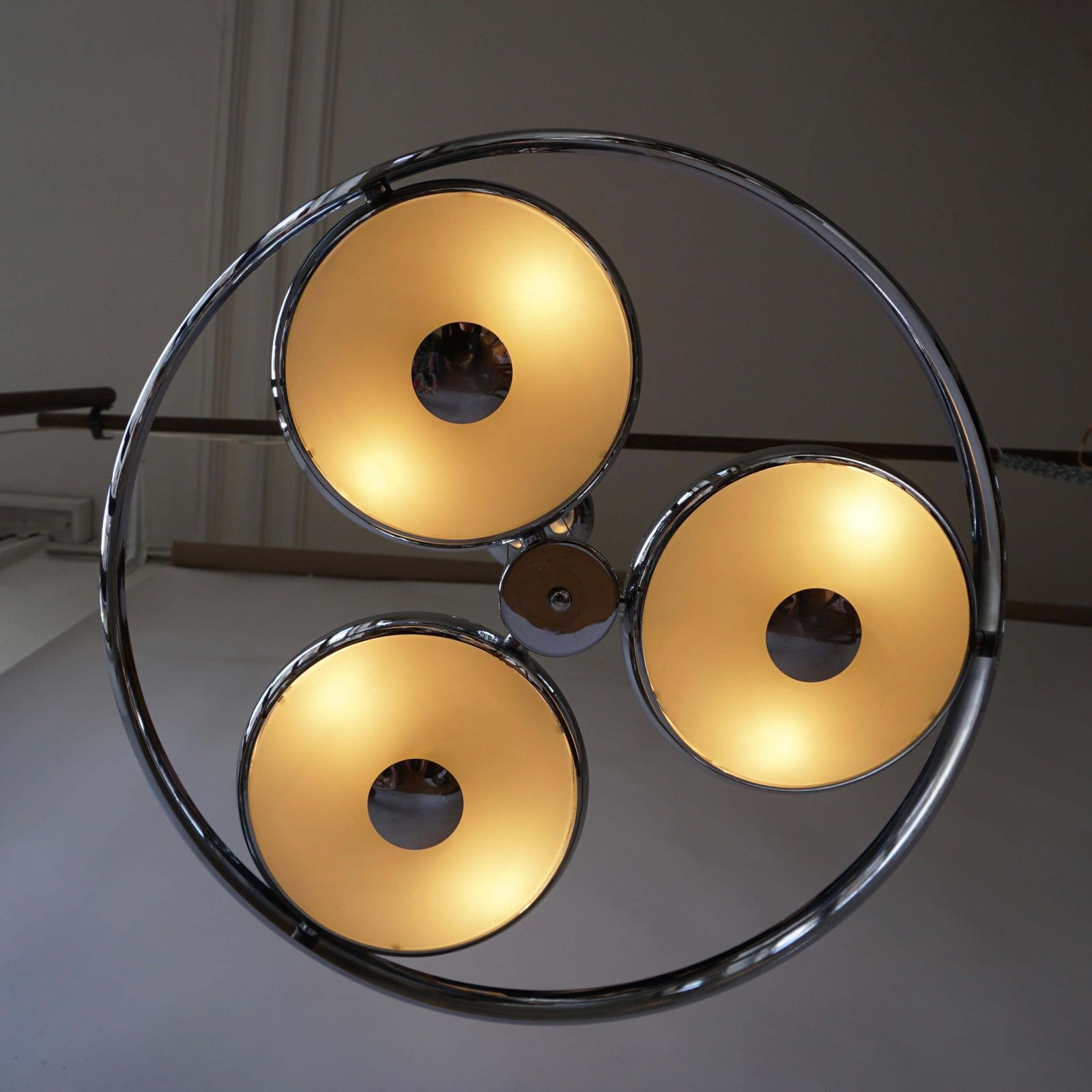 One Off Three Adjustable Italian Glass And Chrome Ufo Chandeliers photo vinterior