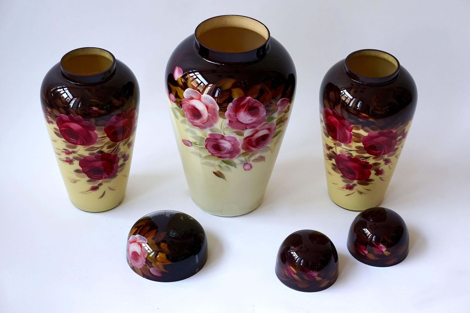 Set Of Three Floral Glass Art Deco Vases photo for sale