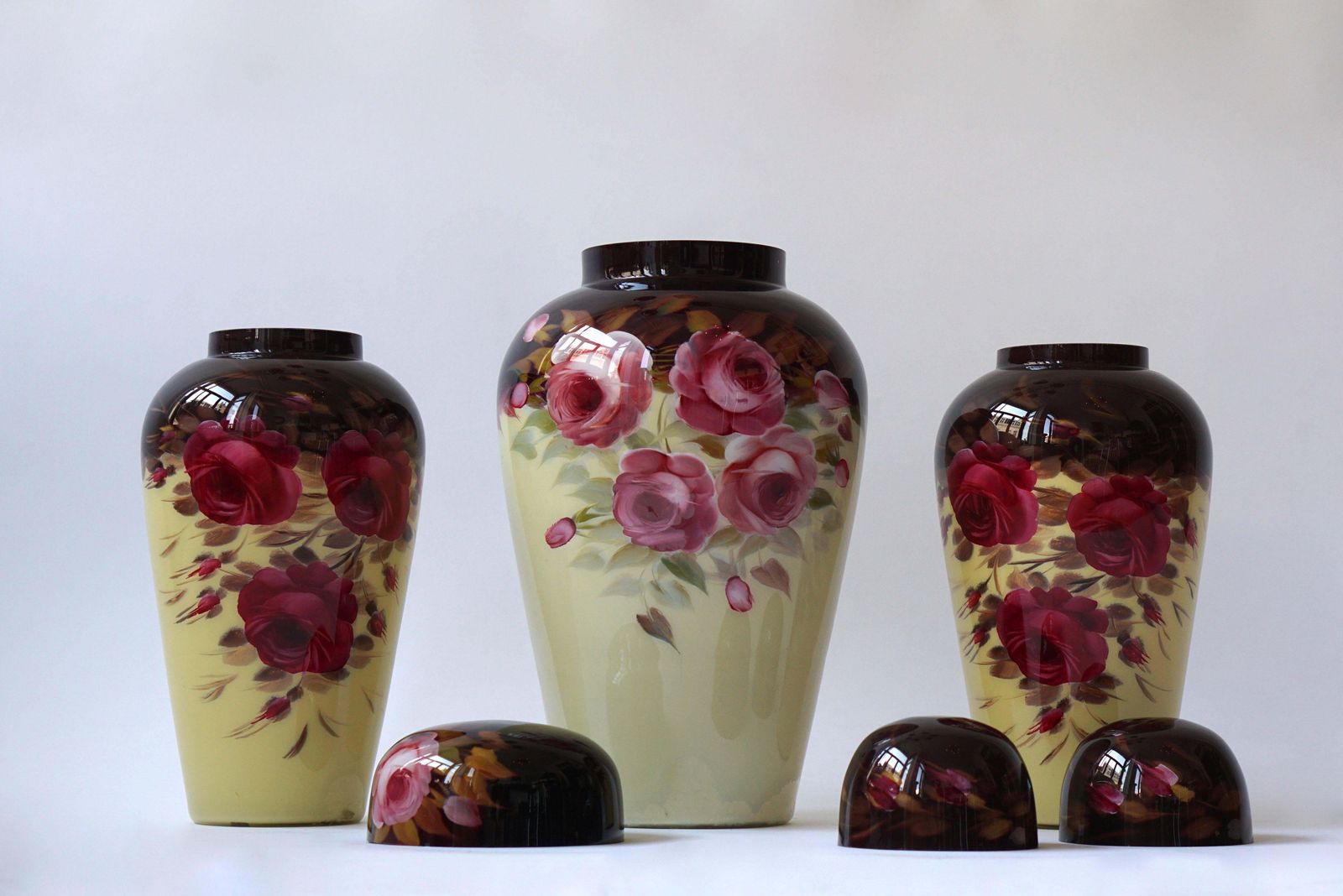 Set Of Three Floral Glass Art Deco Vases photo vintage
