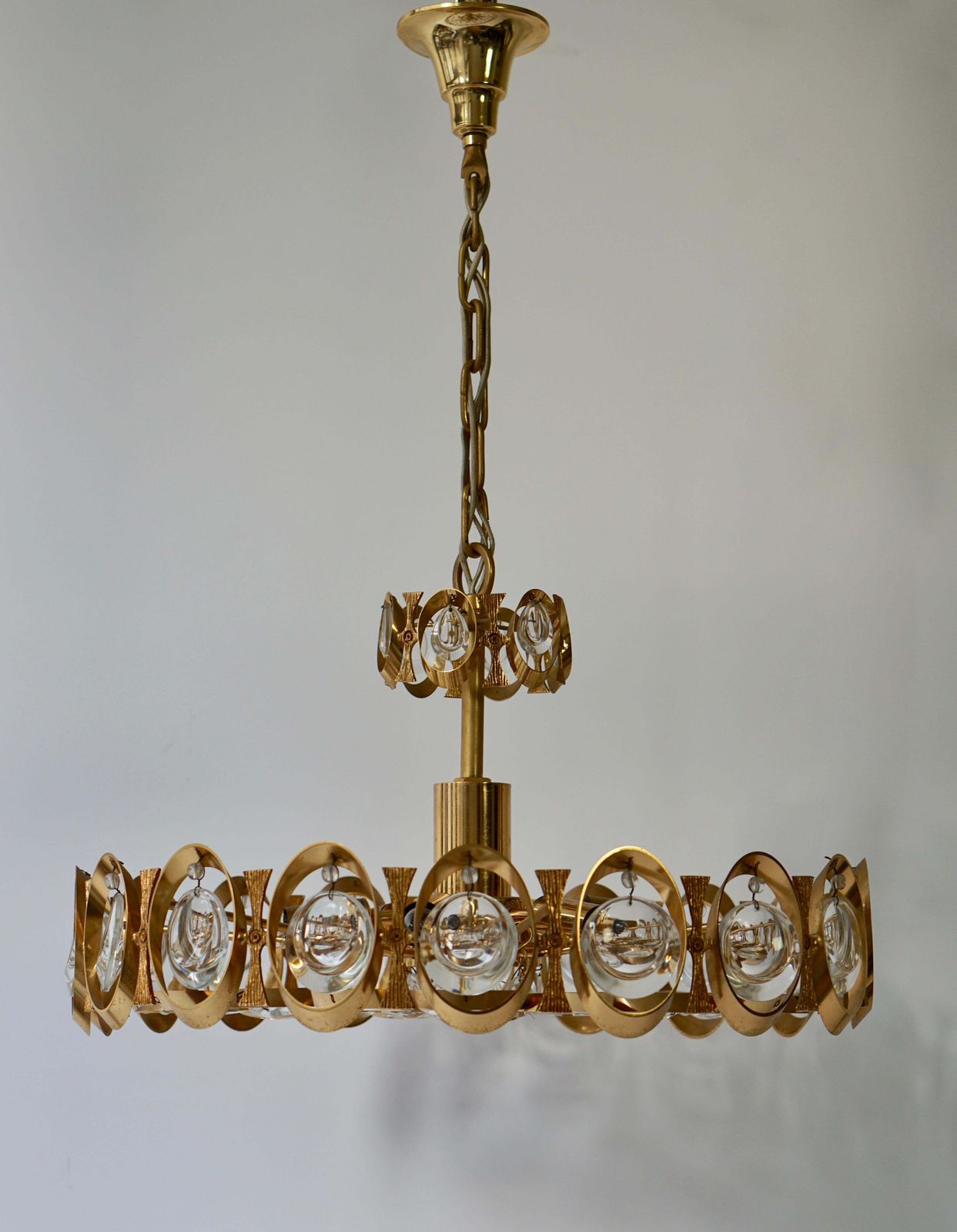 Palwa Chandelier Or Pendant Light, Gilt Brass And Crystal Glass, 1970 photo Lighting