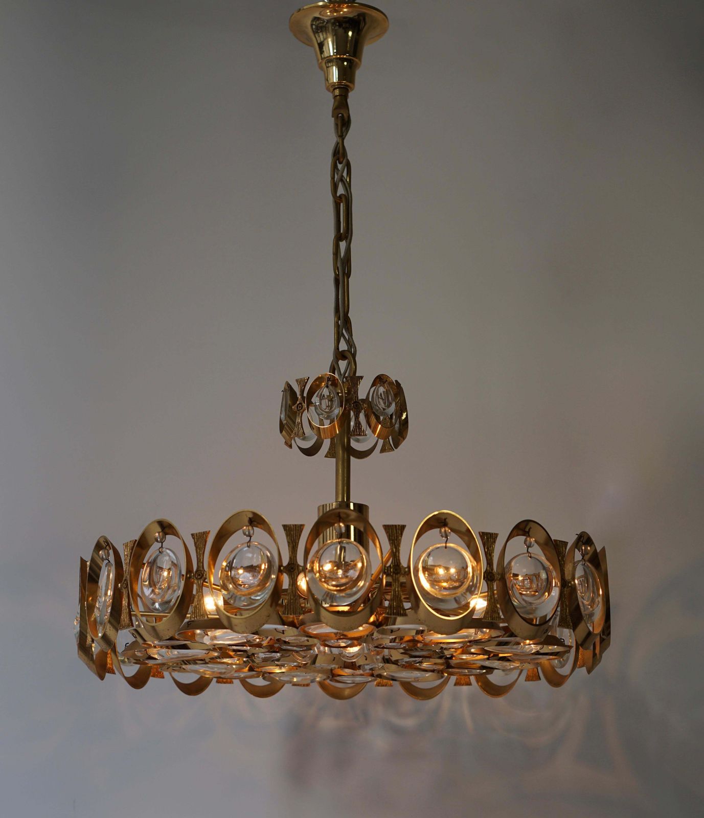 photo for sale Palwa Chandelier Or Pendant Light, Gilt Brass And Crystal Glass, 1970