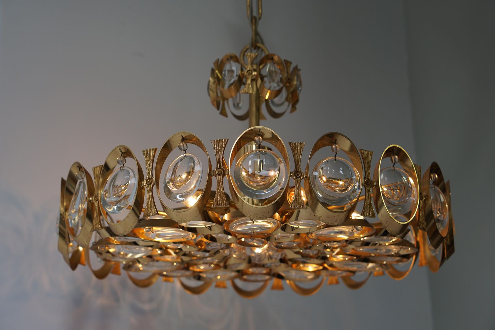 Lighting Palwa Chandelier Or Pendant Light, Gilt Brass And Crystal Glass, 1970 photo