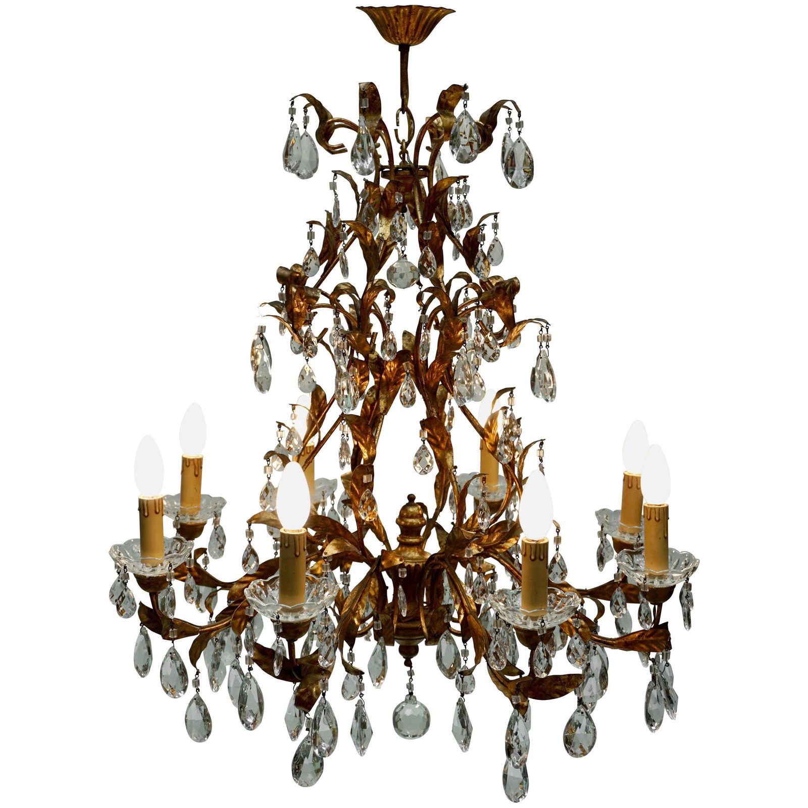 Gilded Brass Eight Light Chandelier With Leaves And Crystal