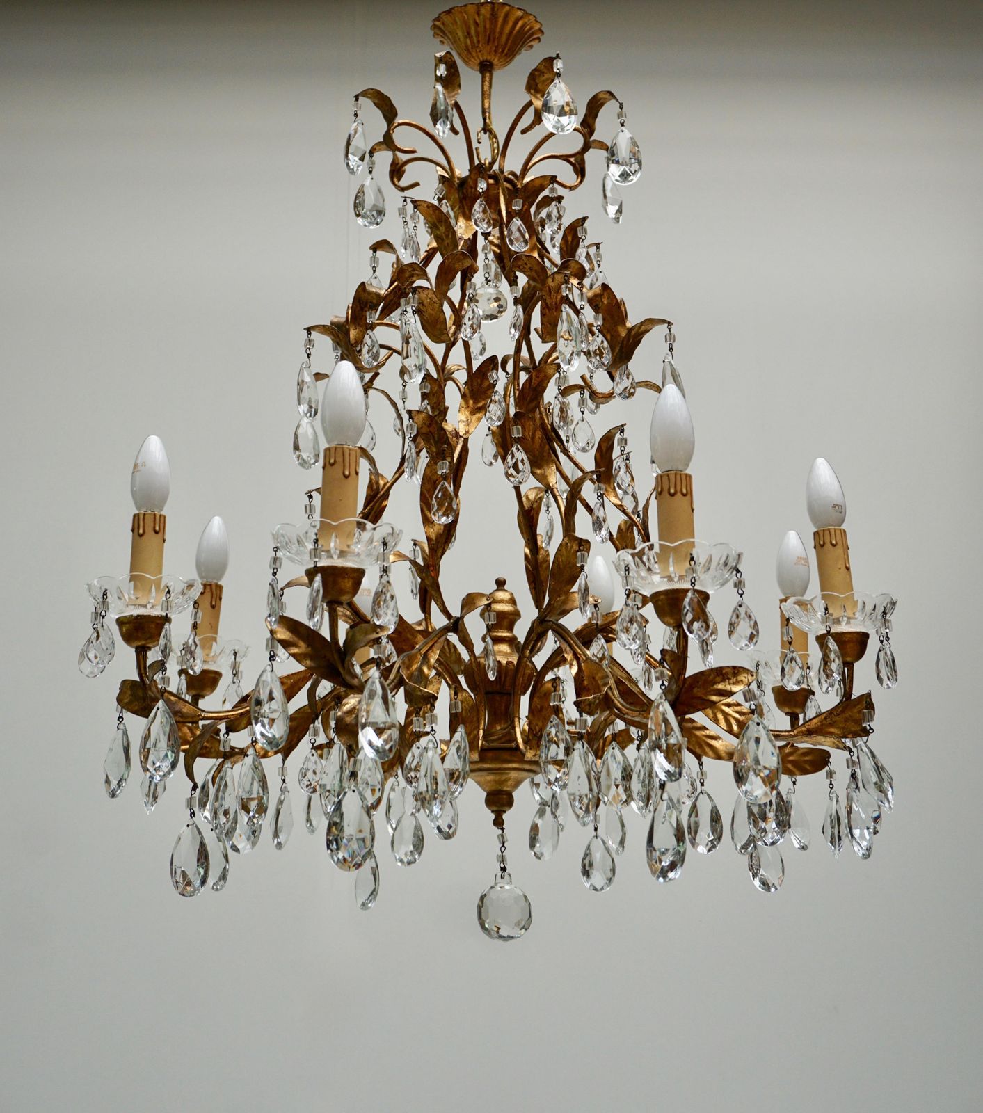 Gilded Brass Eight Light Chandelier With Leaves And Crystal photo vintage