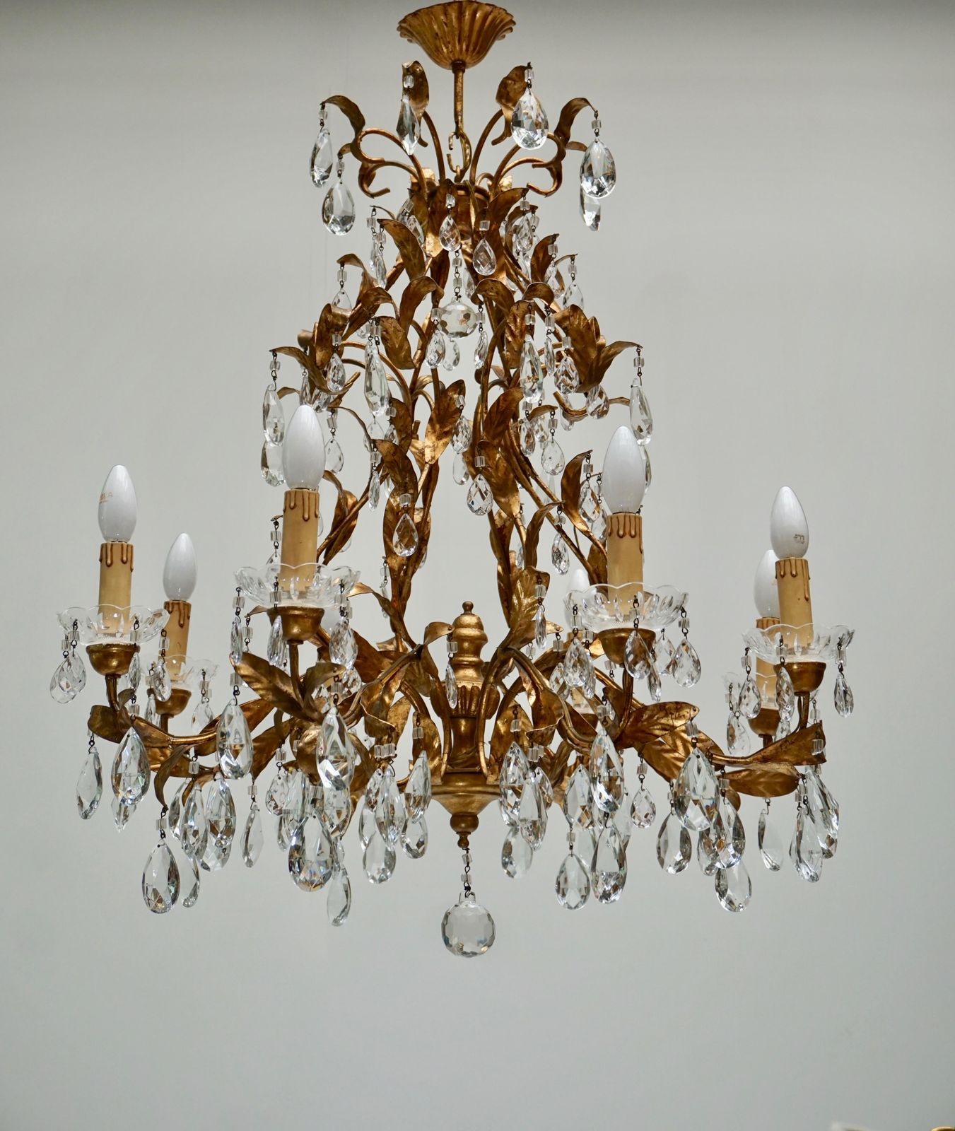 photo for sale Gilded Brass Eight Light Chandelier With Leaves And Crystal