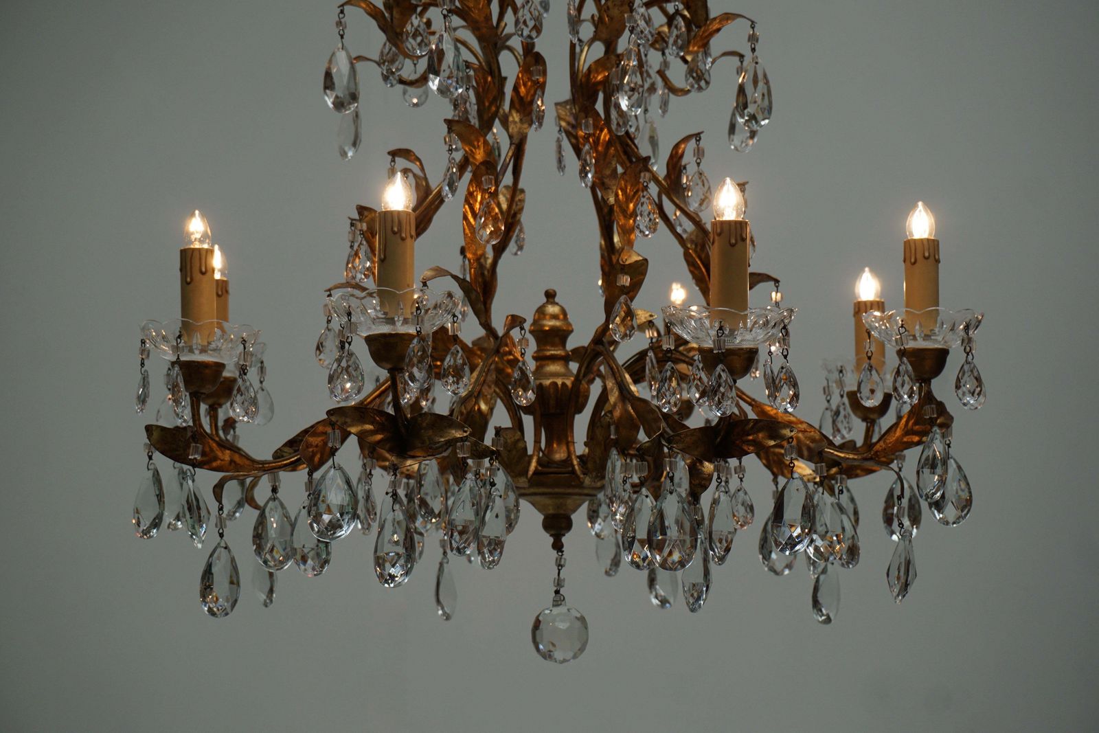 photo buy Gilded Brass Eight Light Chandelier With Leaves And Crystal