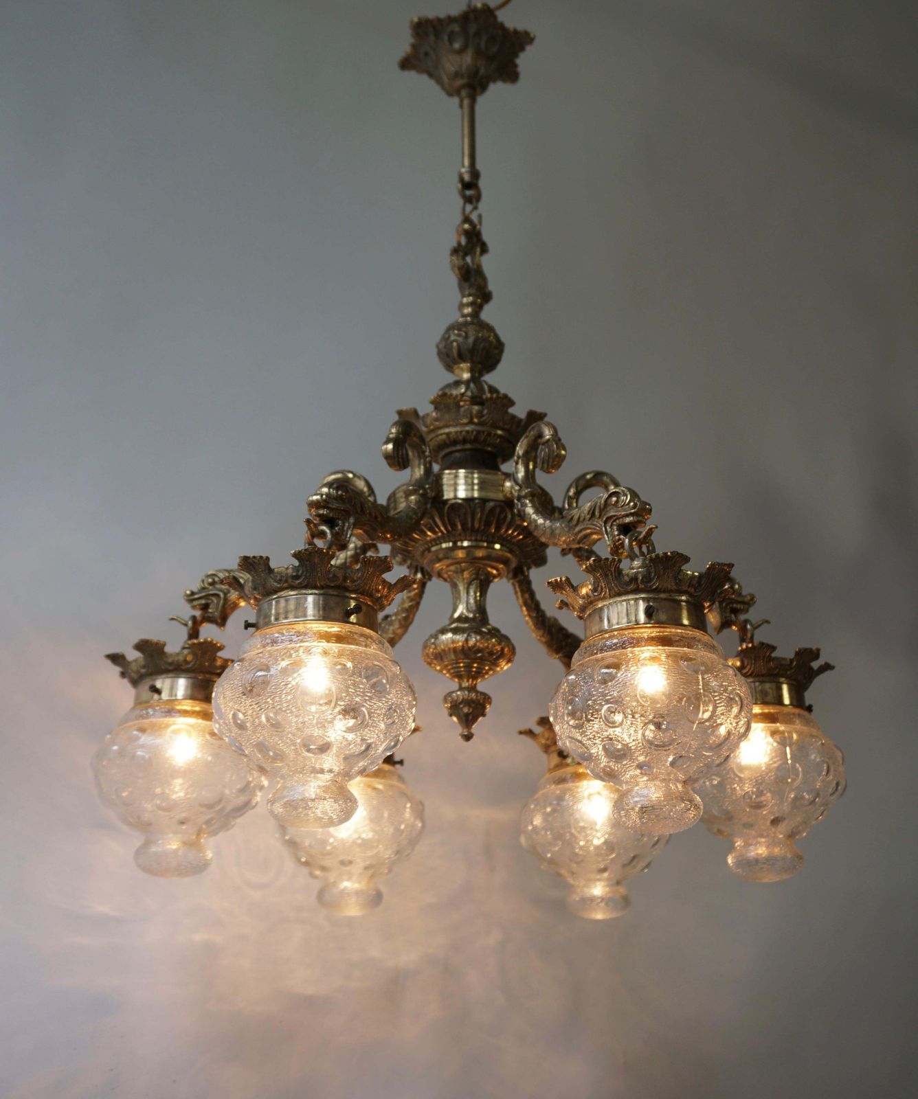 Stunning Brass Chandelier In Gothic Or Medieval Style With Dragon Sculptures photo for sale