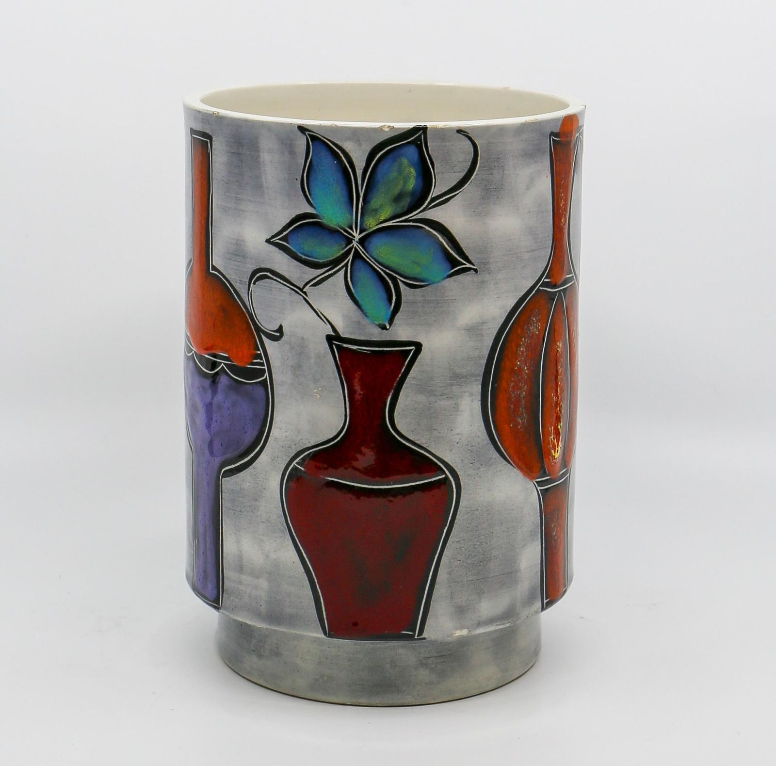 Italian Ceramic Round Vase With Bottle And Floral Motifs photo vinterior