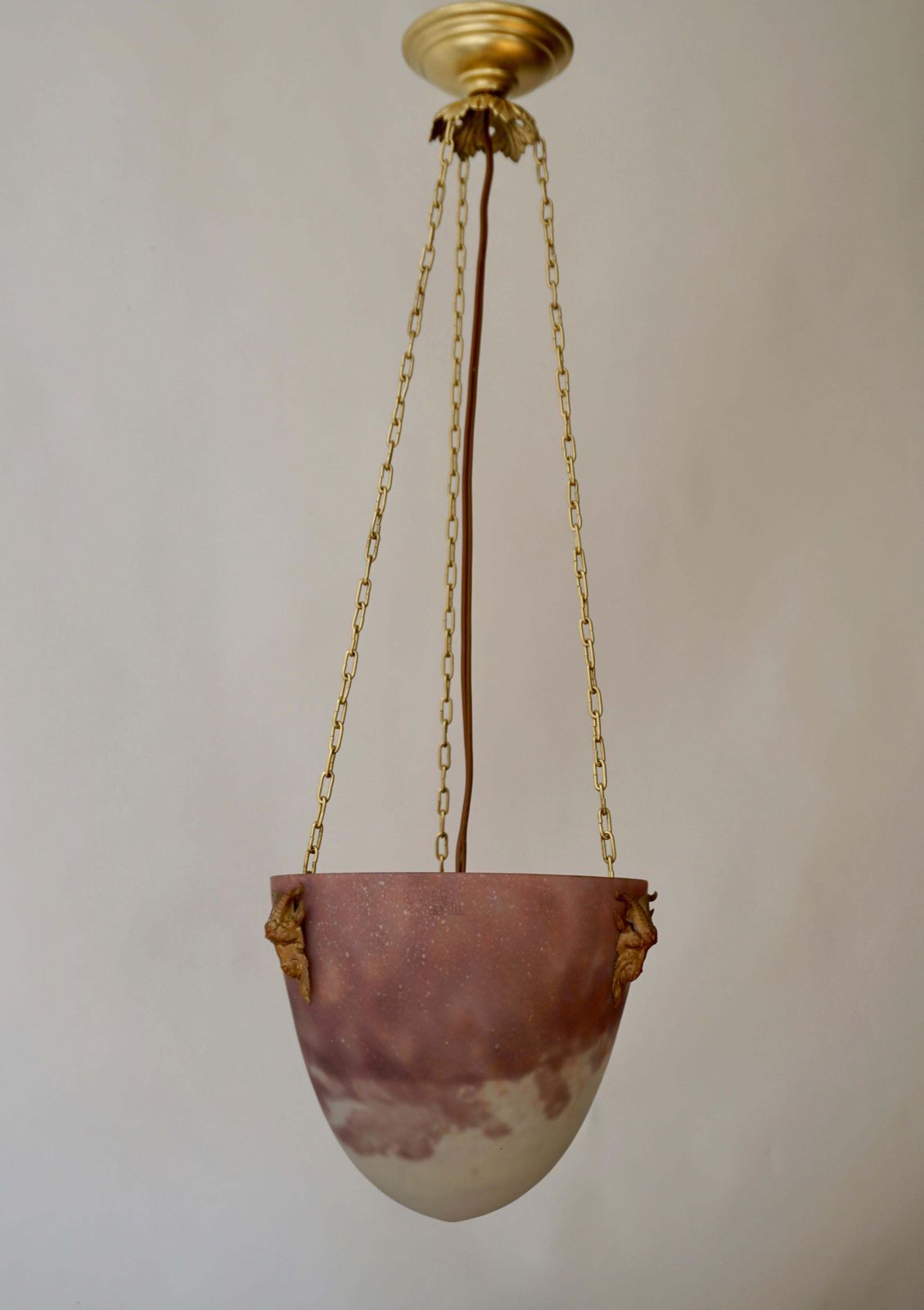 Muller Freres Mottled Glass And Bronze Art Deco Pendant Chandelier, France photo for sale