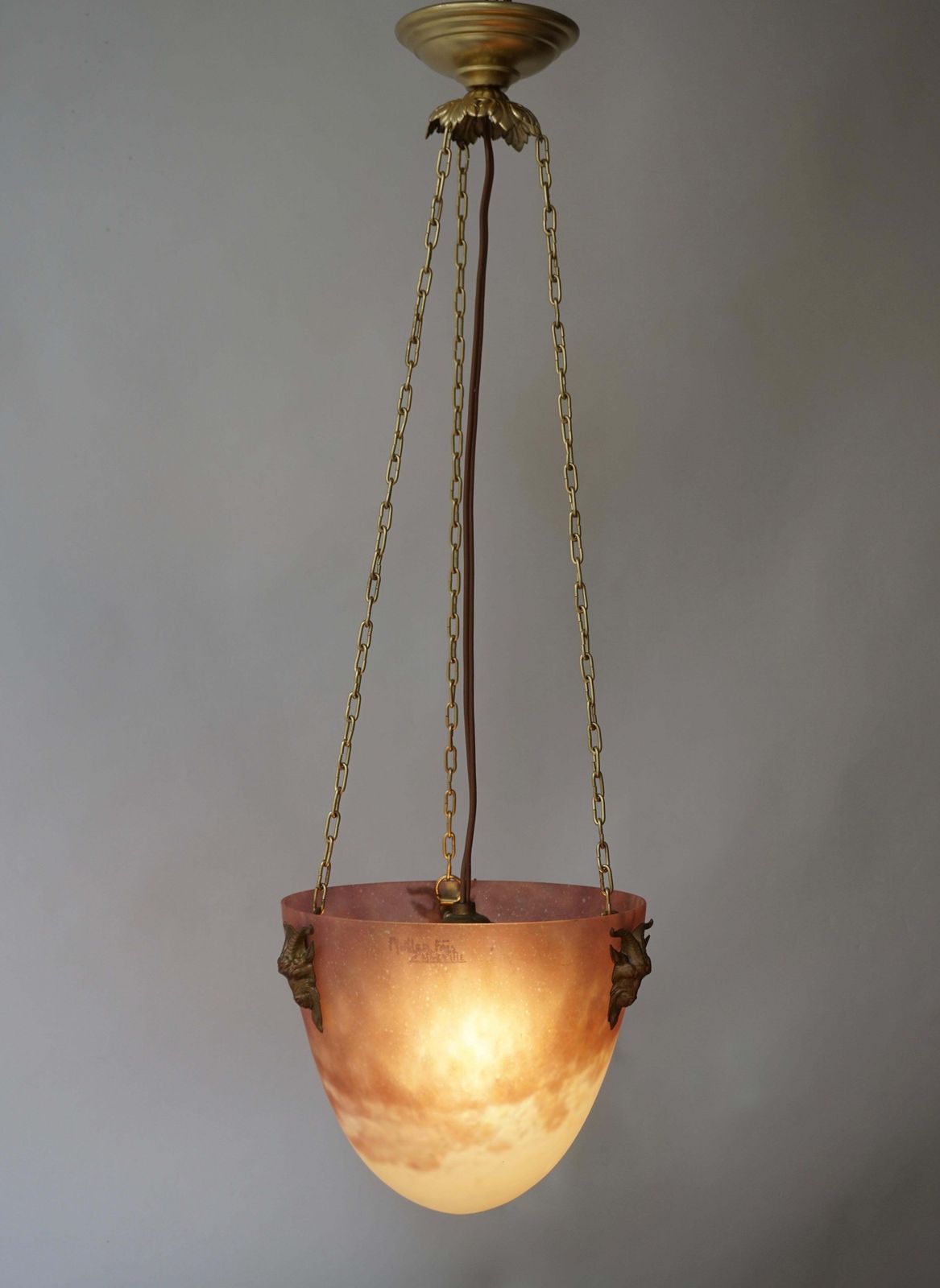 Muller Freres Mottled Glass And Bronze Art Deco Pendant Chandelier, France photo Lighting