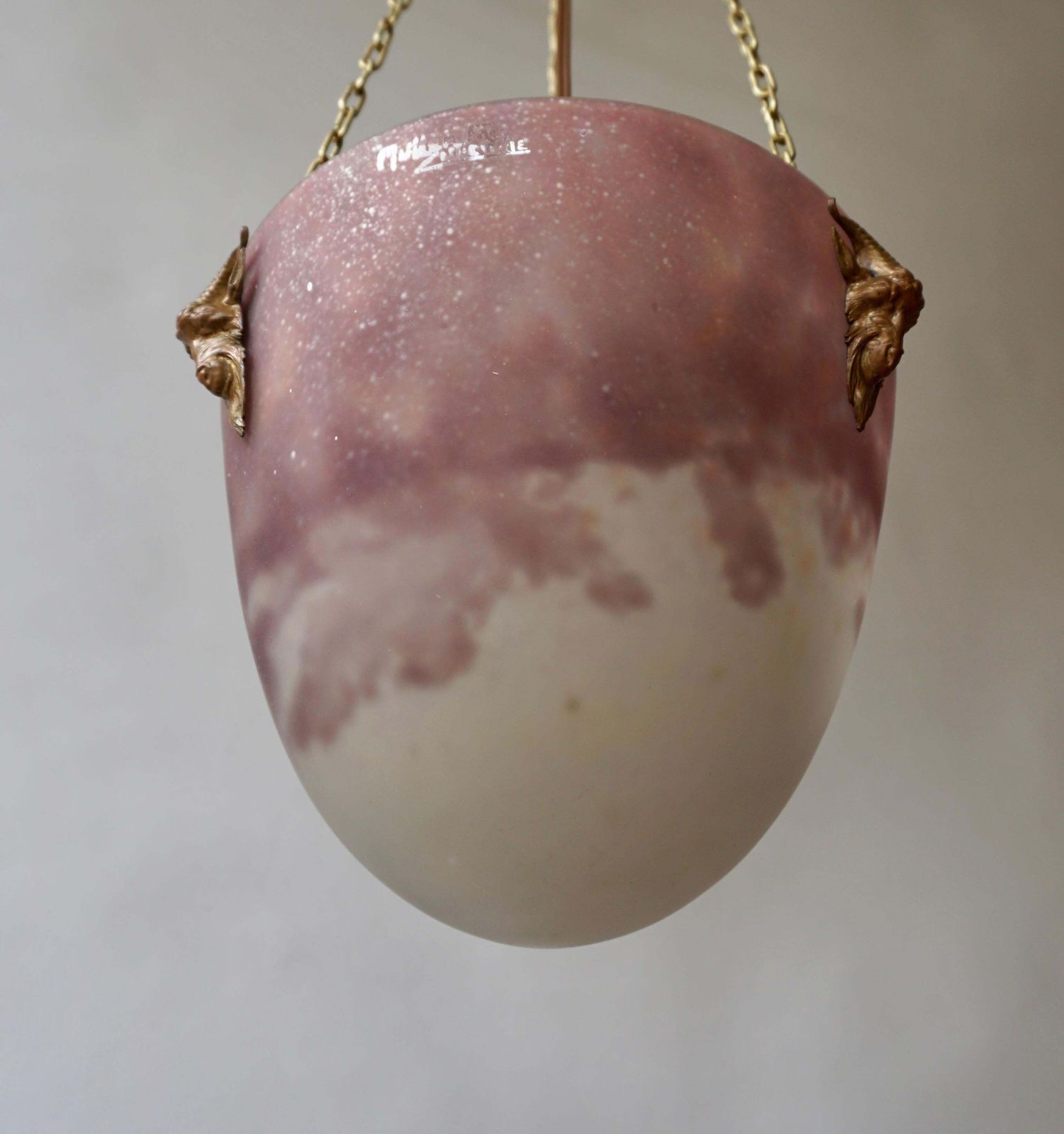 Muller Freres Mottled Glass And Bronze Art Deco Pendant Chandelier, France photo buy
