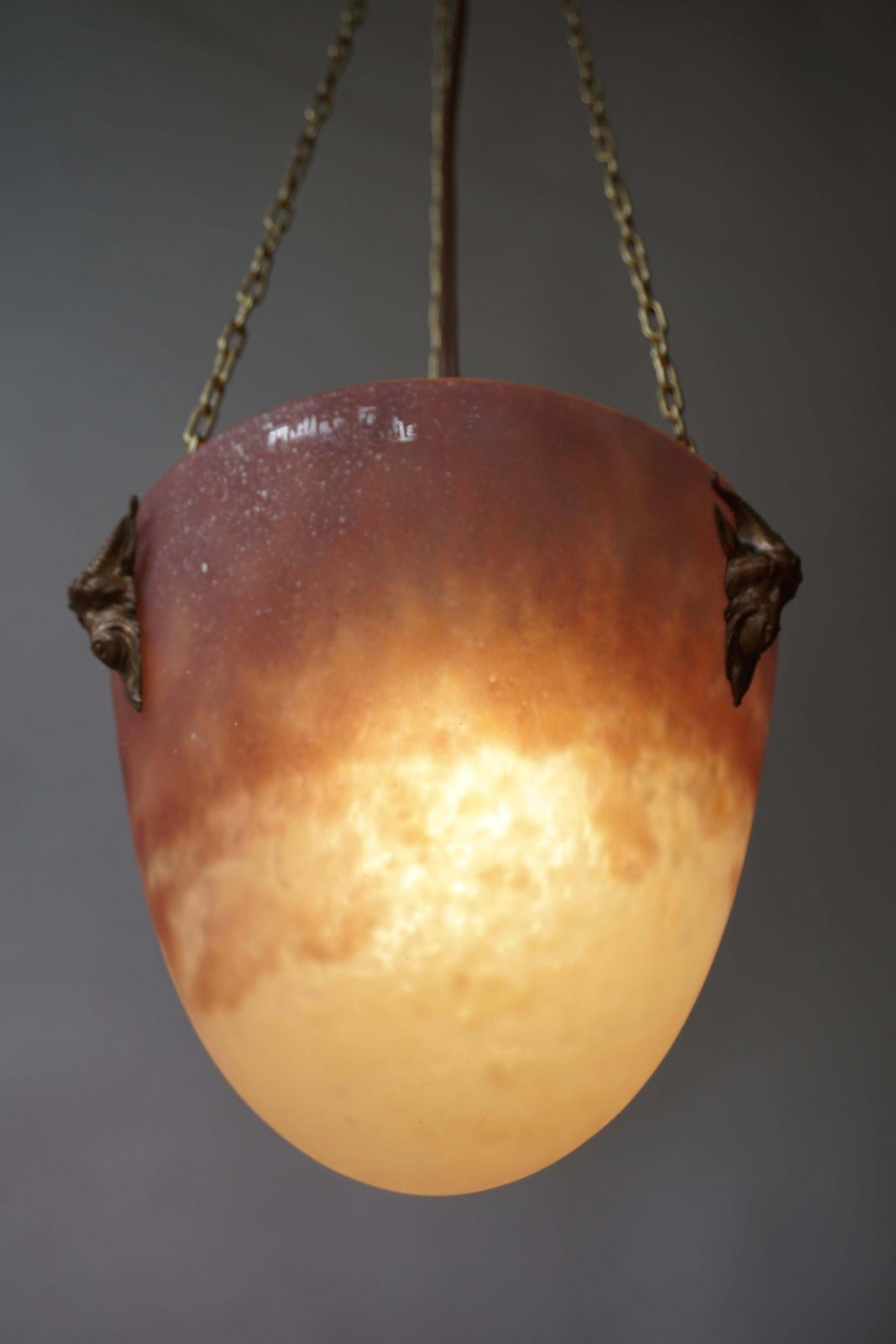 Muller Freres Mottled Glass And Bronze Art Deco Pendant Chandelier, France photo vintage