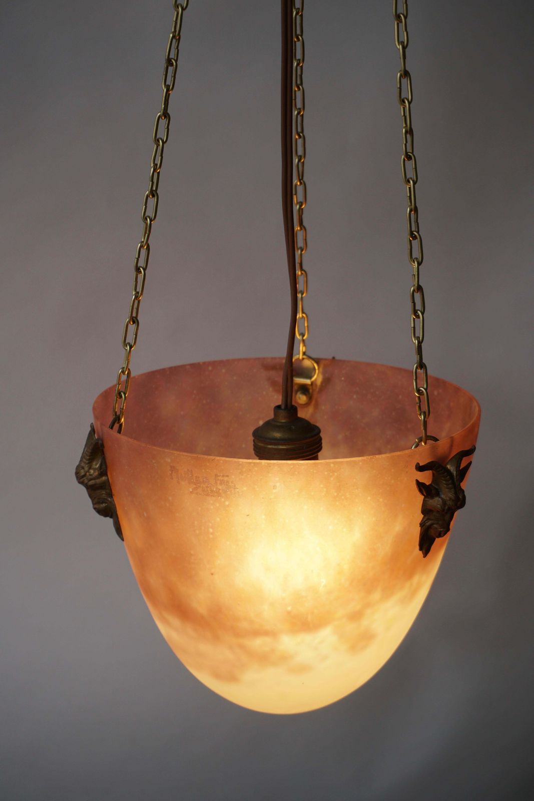 photo buy Muller Freres Mottled Glass And Bronze Art Deco Pendant Chandelier, France