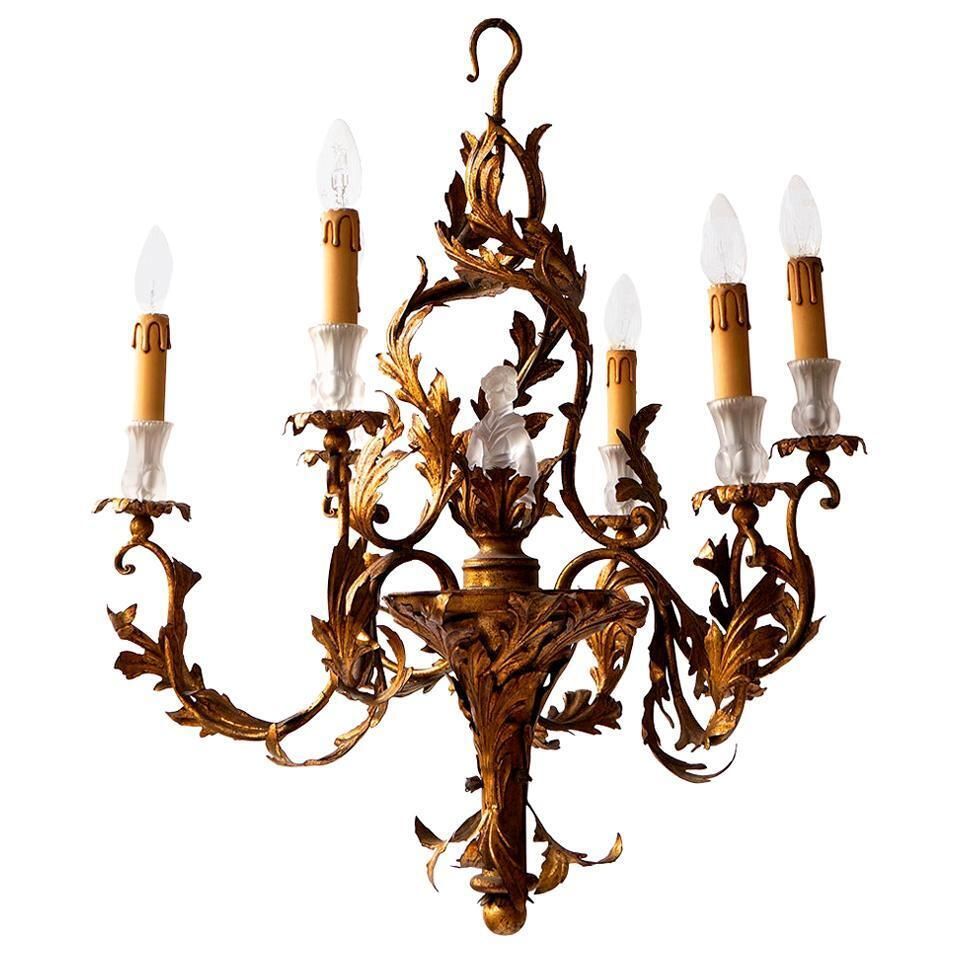 Gilt Wrought Iron Chandelier With Japanese Geisha In Crystal