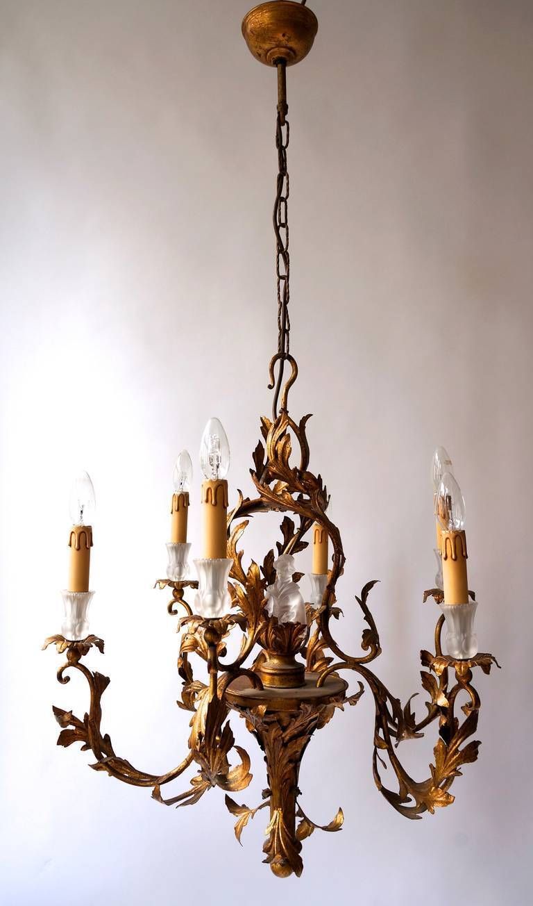 Gilt Wrought Iron Chandelier With Japanese Geisha In Crystal photo for sale