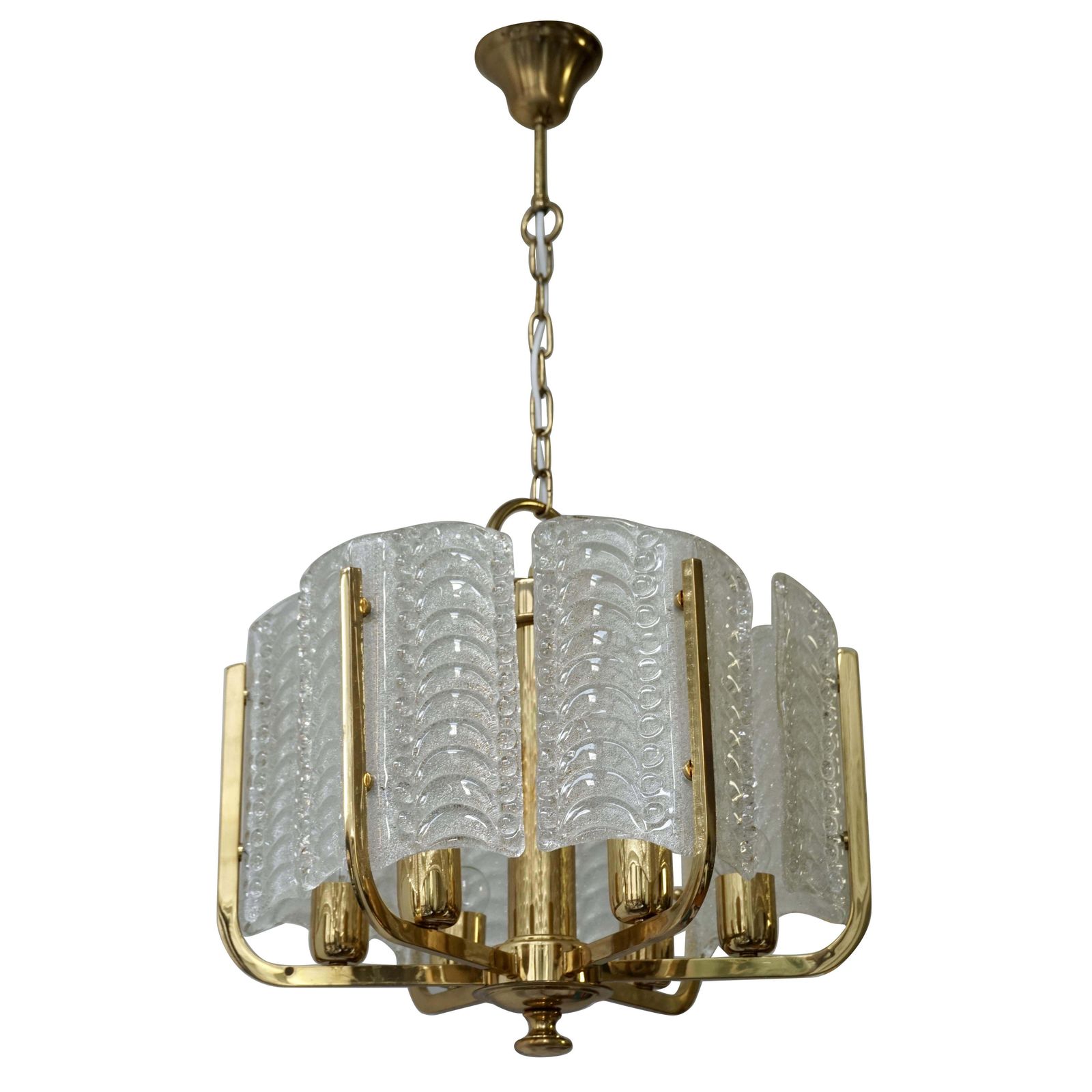 One Italian Golden Brass And Murano Glass Pendant Light