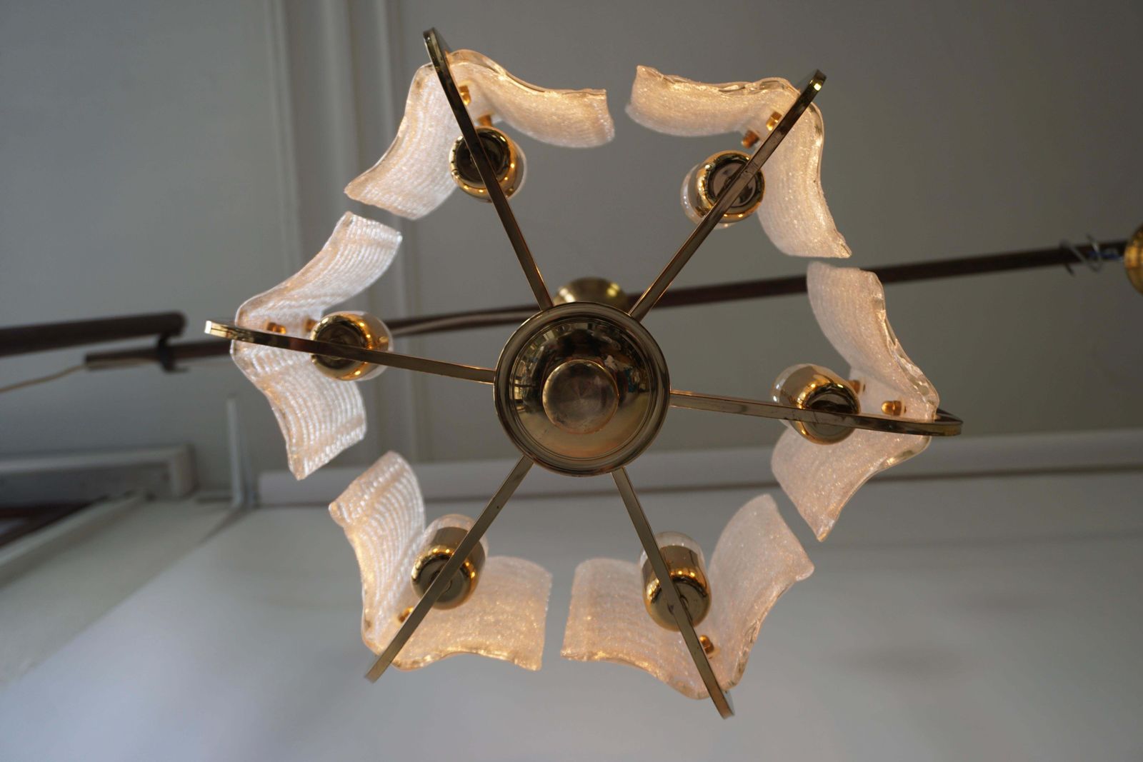 One Italian Golden Brass And Murano Glass Pendant Light photo buy