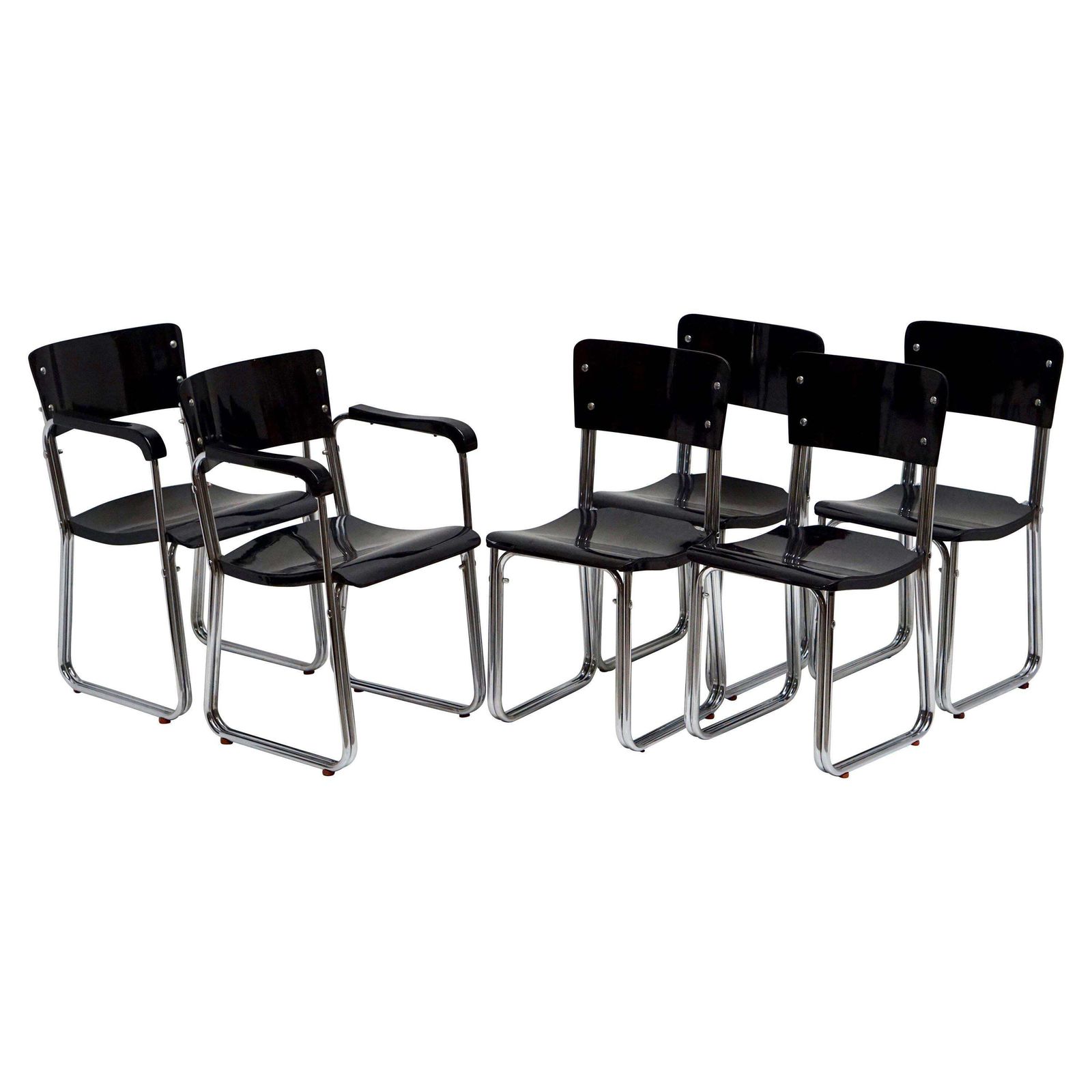 Set Of Six Chic Ebonized Modernist Chroom Bauhaus Chairs