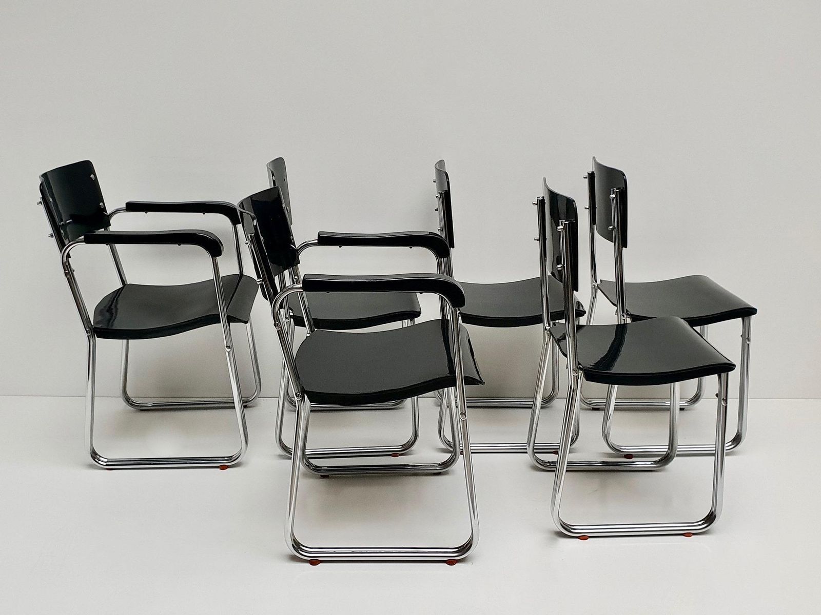 Set Of Six Chic Ebonized Modernist Chroom Bauhaus Chairs photo Furniture