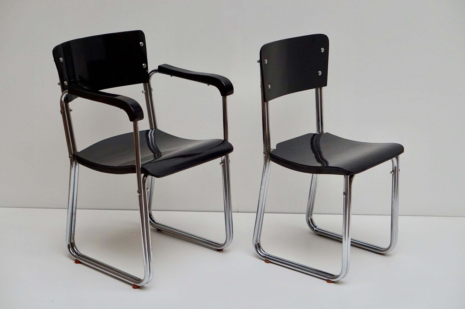 Set Of Six Chic Ebonized Modernist Chroom Bauhaus Chairs photo buy