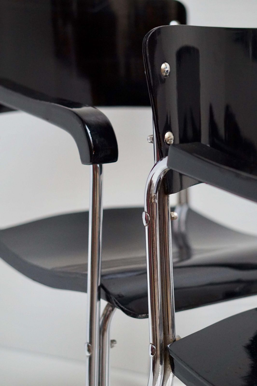 Furniture Set Of Six Chic Ebonized Modernist Chroom Bauhaus Chairs photo