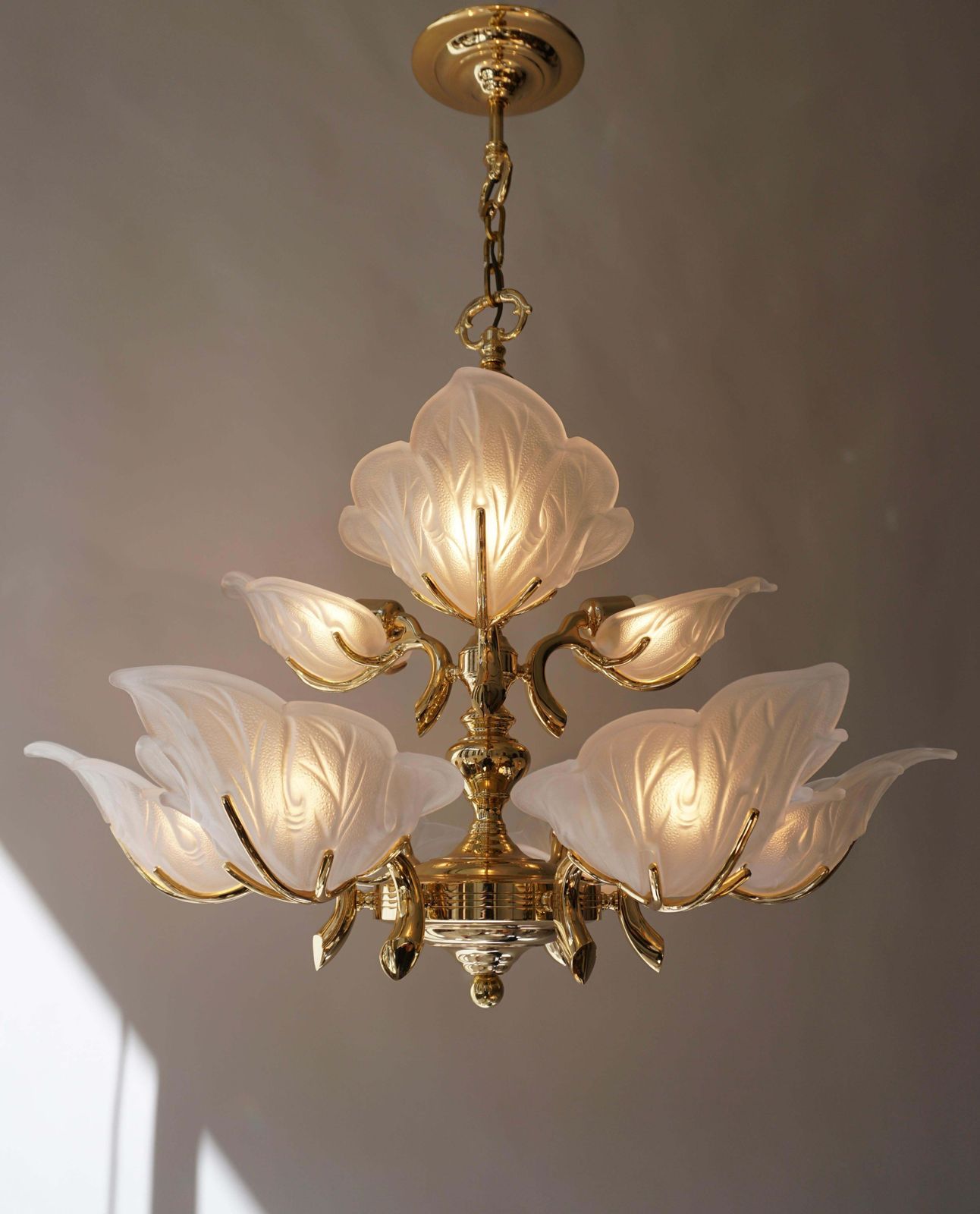 Italian Chandelier In Brass With Murano Glass Shells, 1970s photo furniture