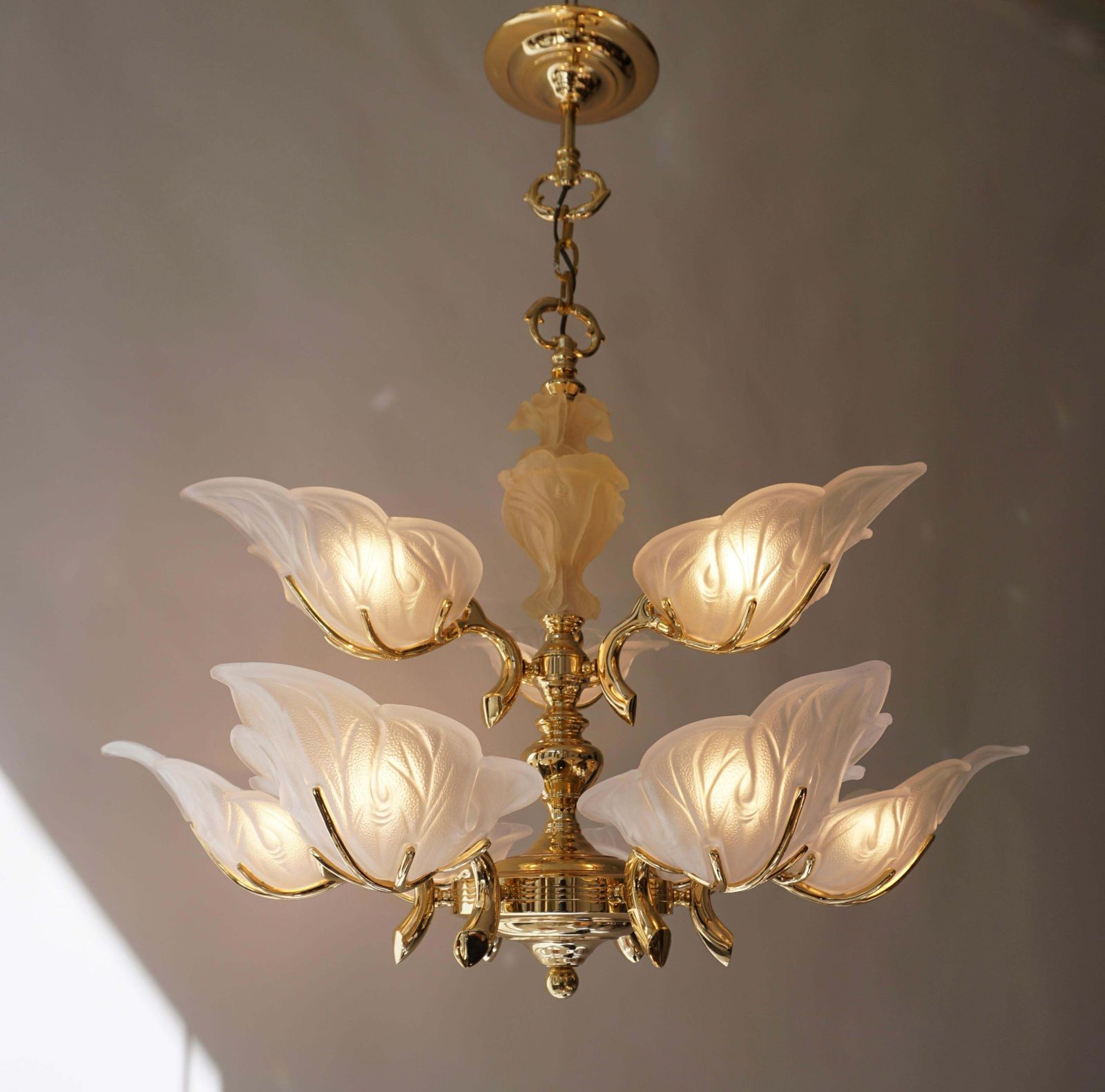 Italian Chandelier In Brass With Murano Glass Shells, 1970s photo for sale
