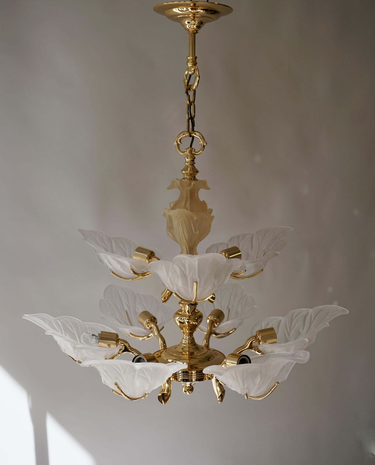 Italian Chandelier In Brass With Murano Glass Shells, 1970s photo vintage