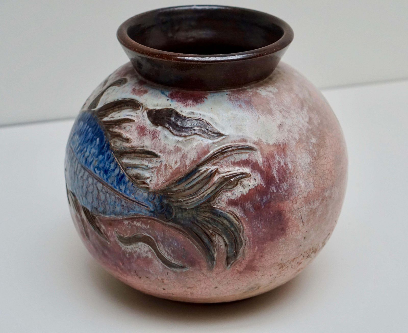 Large Ceramic Vase With Fish Decor, Belgium, Circa 1930s photo for sale