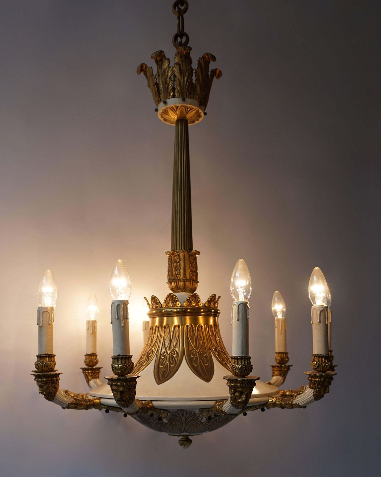 Spectacular Ten Arms Brass White Painted Chandelier With Men's Head photo buy
