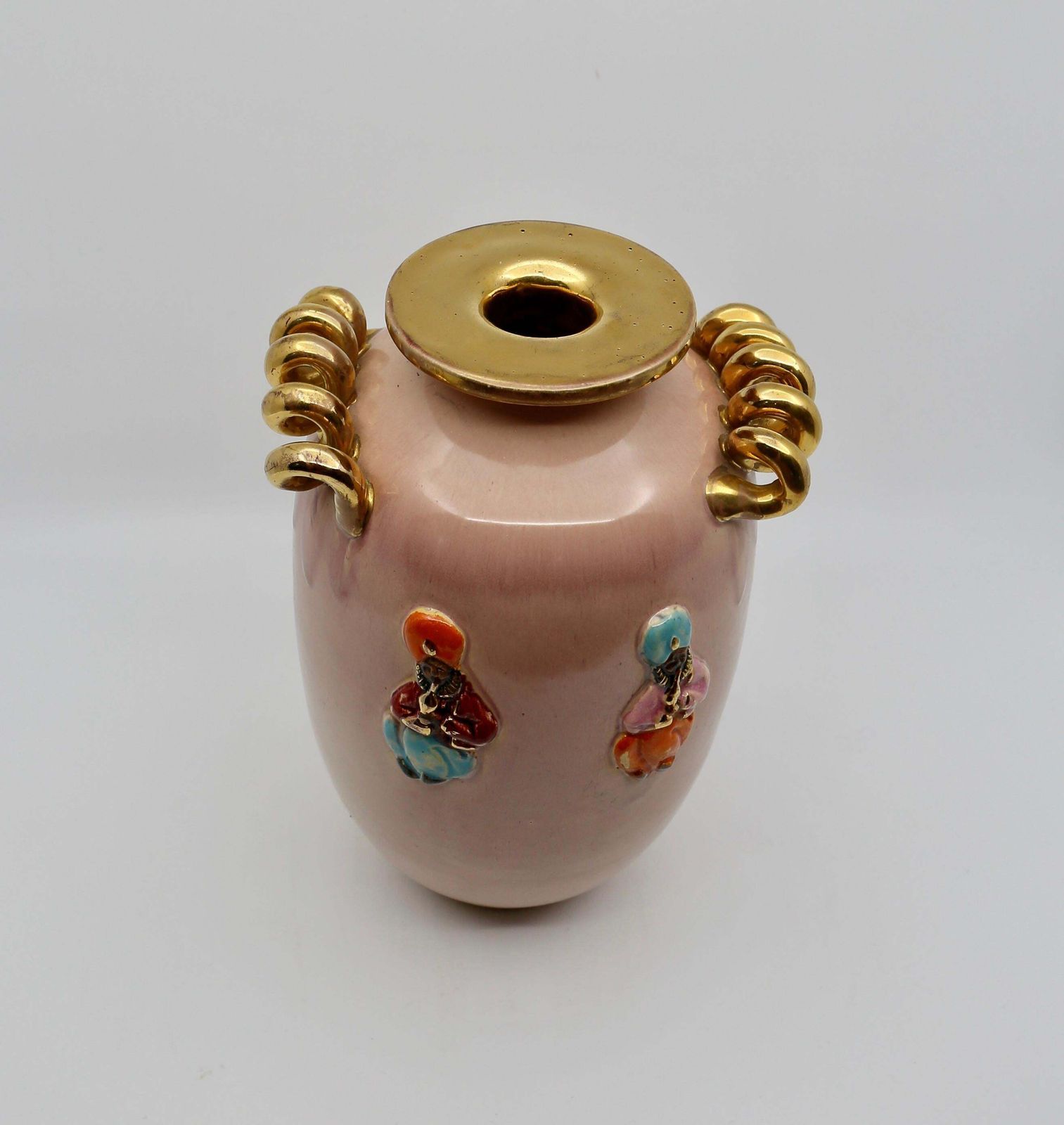 Art Deco Vase, Peach And Gold With Oriental Figures, 1940s photo Home Decor