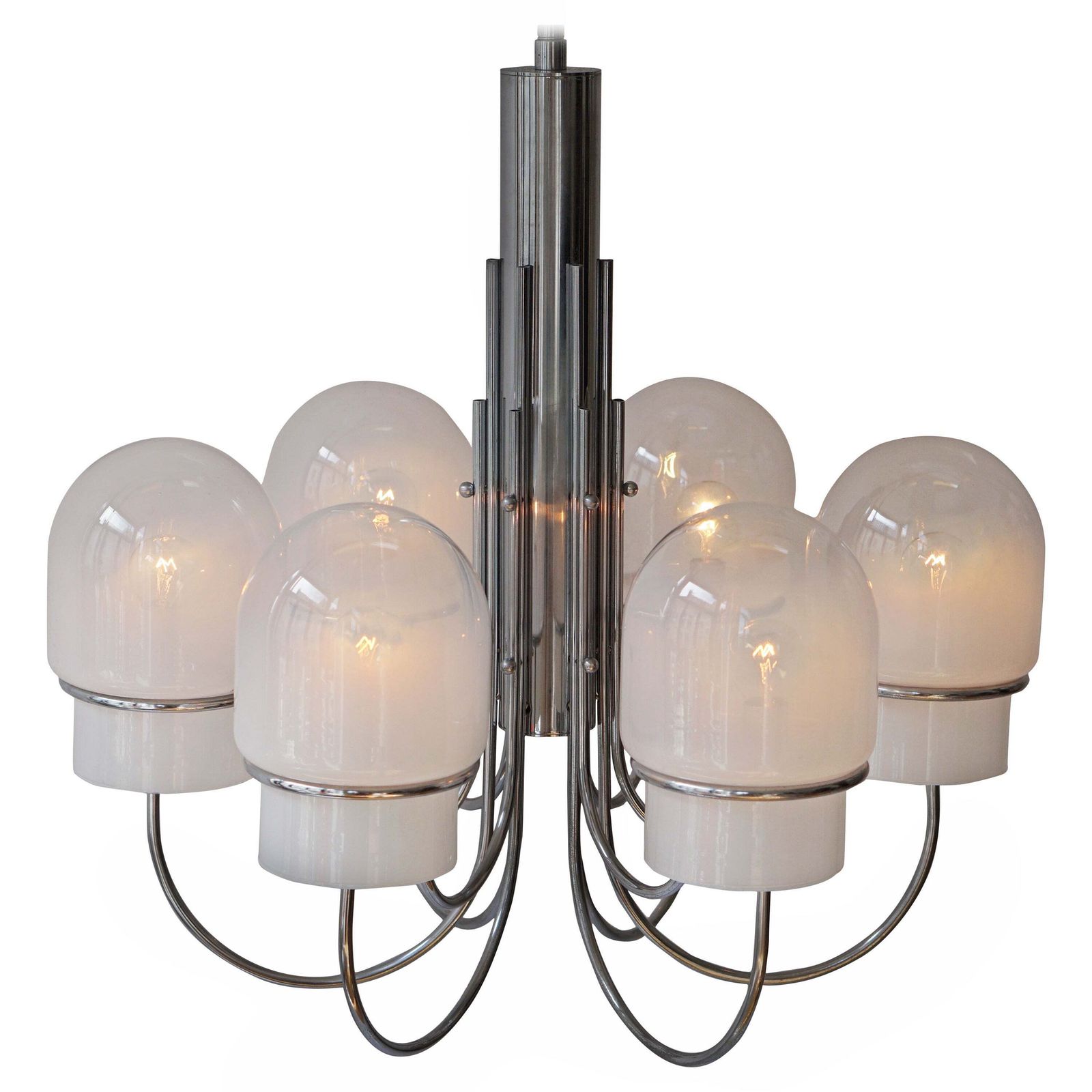 Italian Six Arched Arm Chrome And Milk Glass Chandelier, Circa 1960s