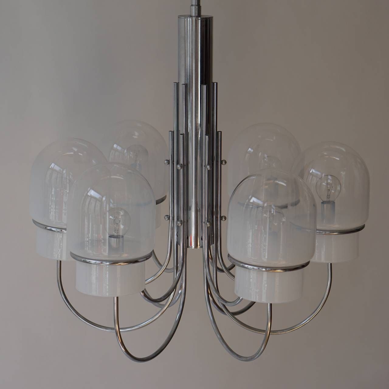 Italian Six Arched Arm Chrome And Milk Glass Chandelier, Circa 1960s photo furniture