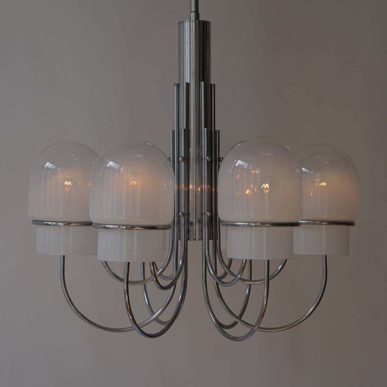 Italian Six Arched Arm Chrome And Milk Glass Chandelier, Circa 1960s photo buy